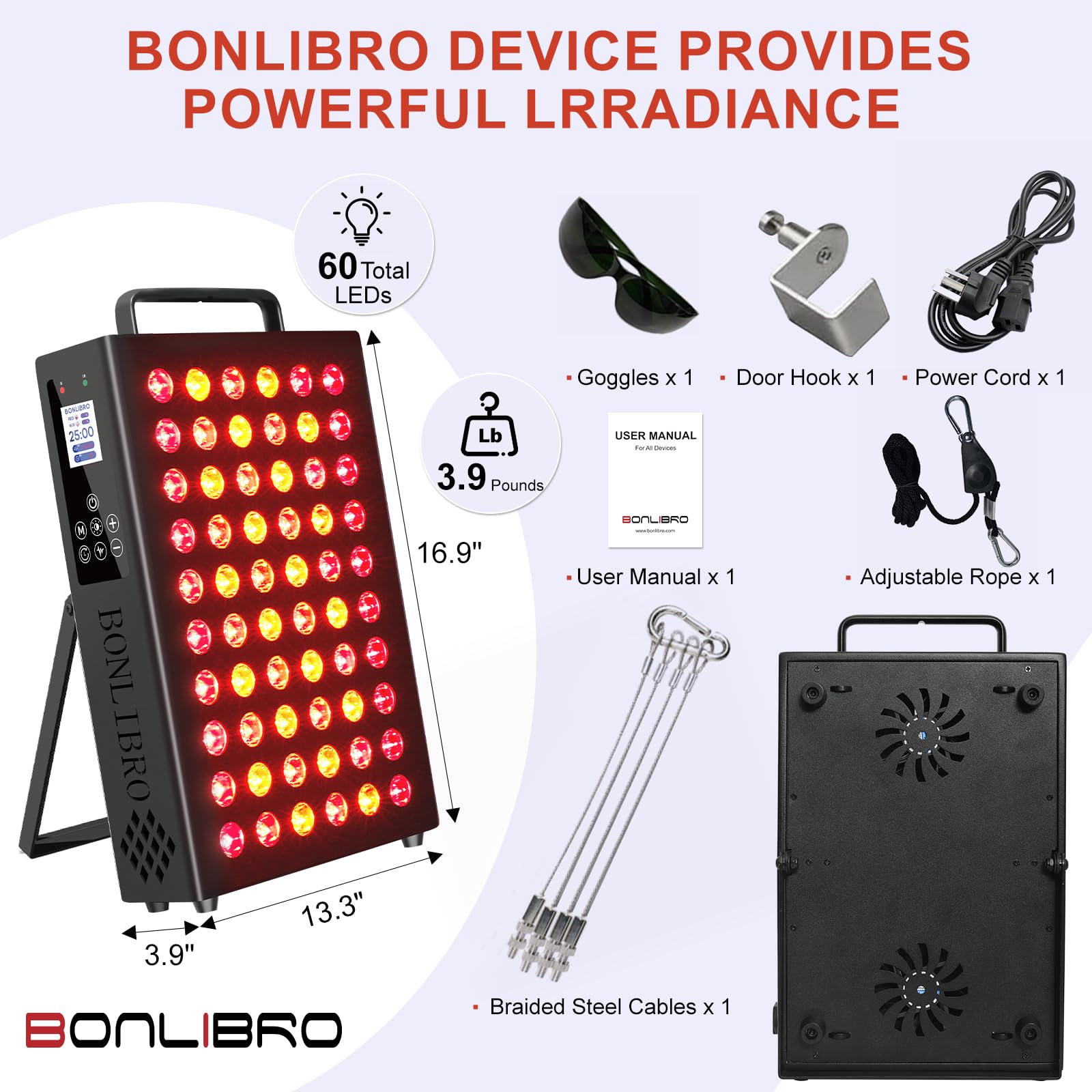 BONLIBRO BN-60 panel accesorios incluidos: manual y protección ocular.