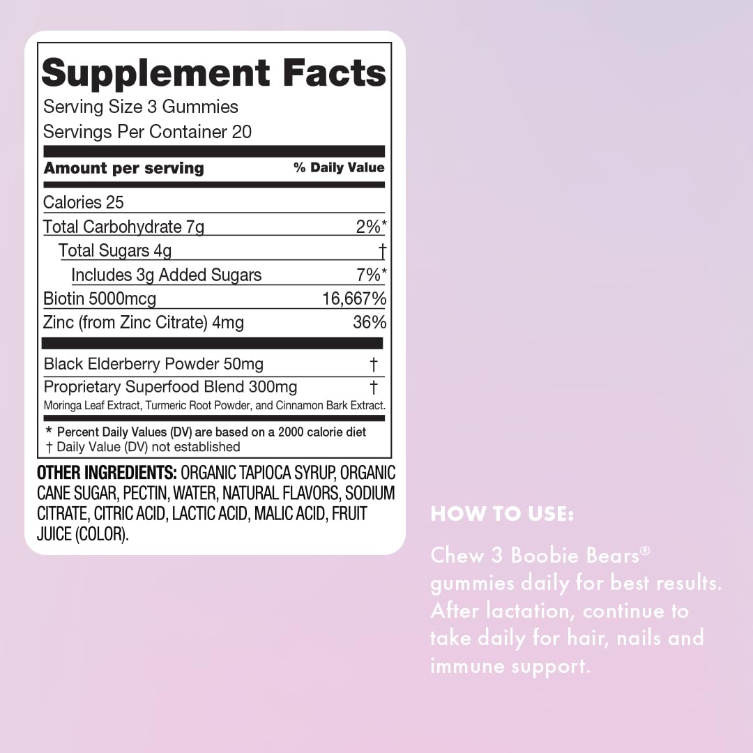 Envase Boobie Bears con datos nutricionales y uso recomendado