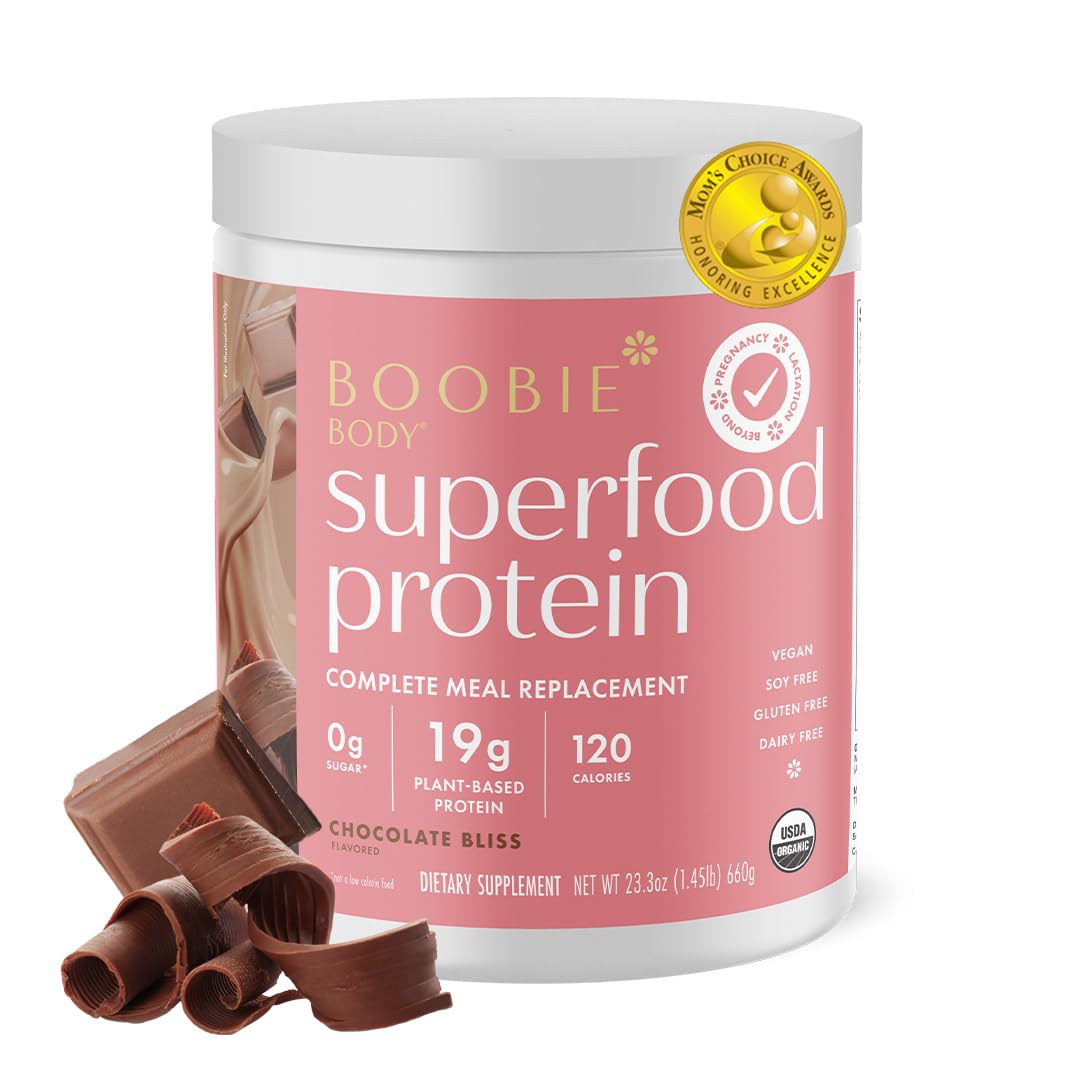 Boobie Body envase Chocolate Bliss, proteína vegetal para madres activas y nutritivas.