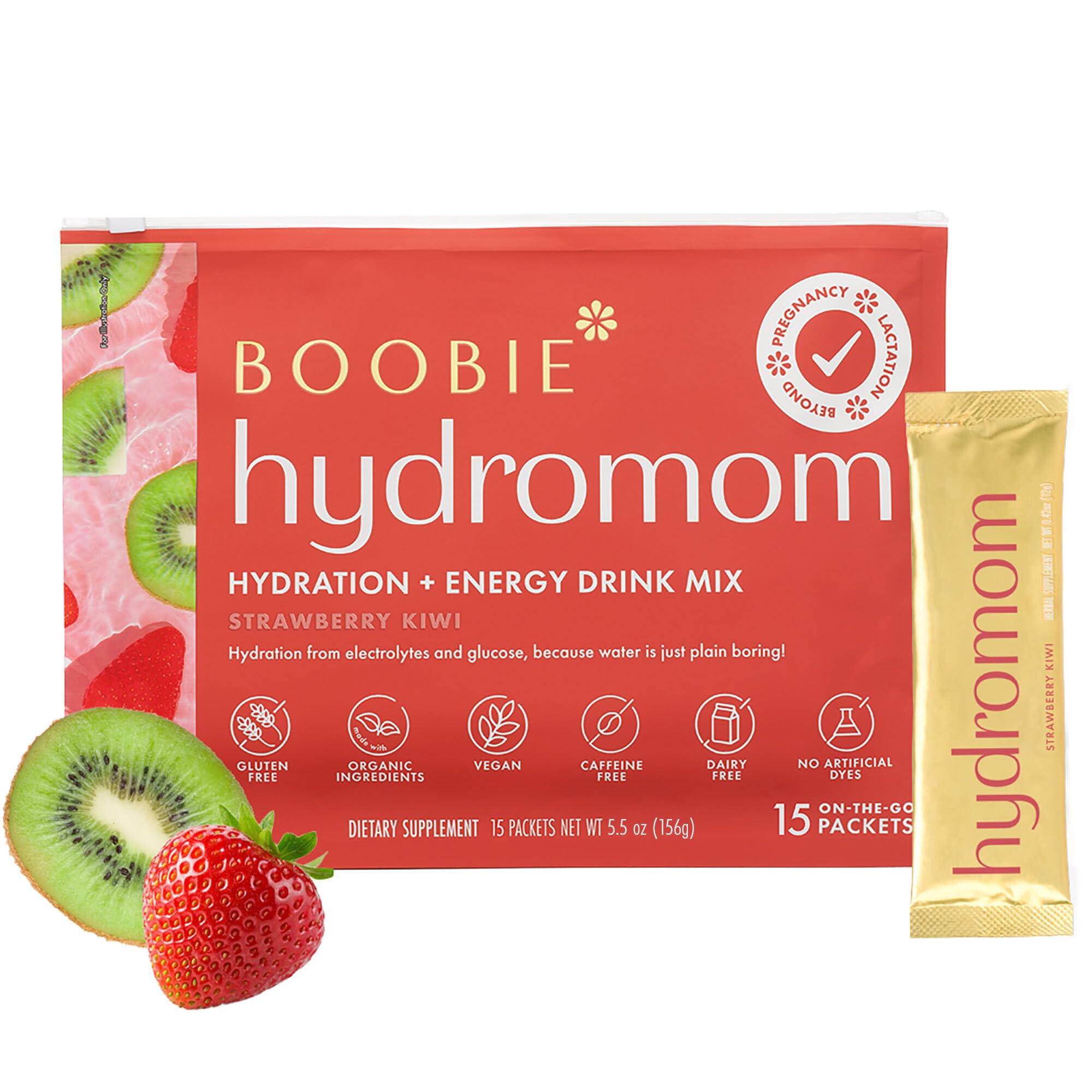 Boobie Hydromom mezcla de electrolitos con sabor fresa kiwi para hidratación refrescante