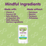 Boogie Chest Rub Stick, etiqueta que destaca ingredientes naturales y libres de químicos.