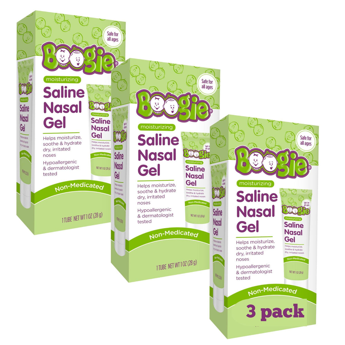 Boogie gel nasal salino envase ofrece hidratación suave para nariz seca.