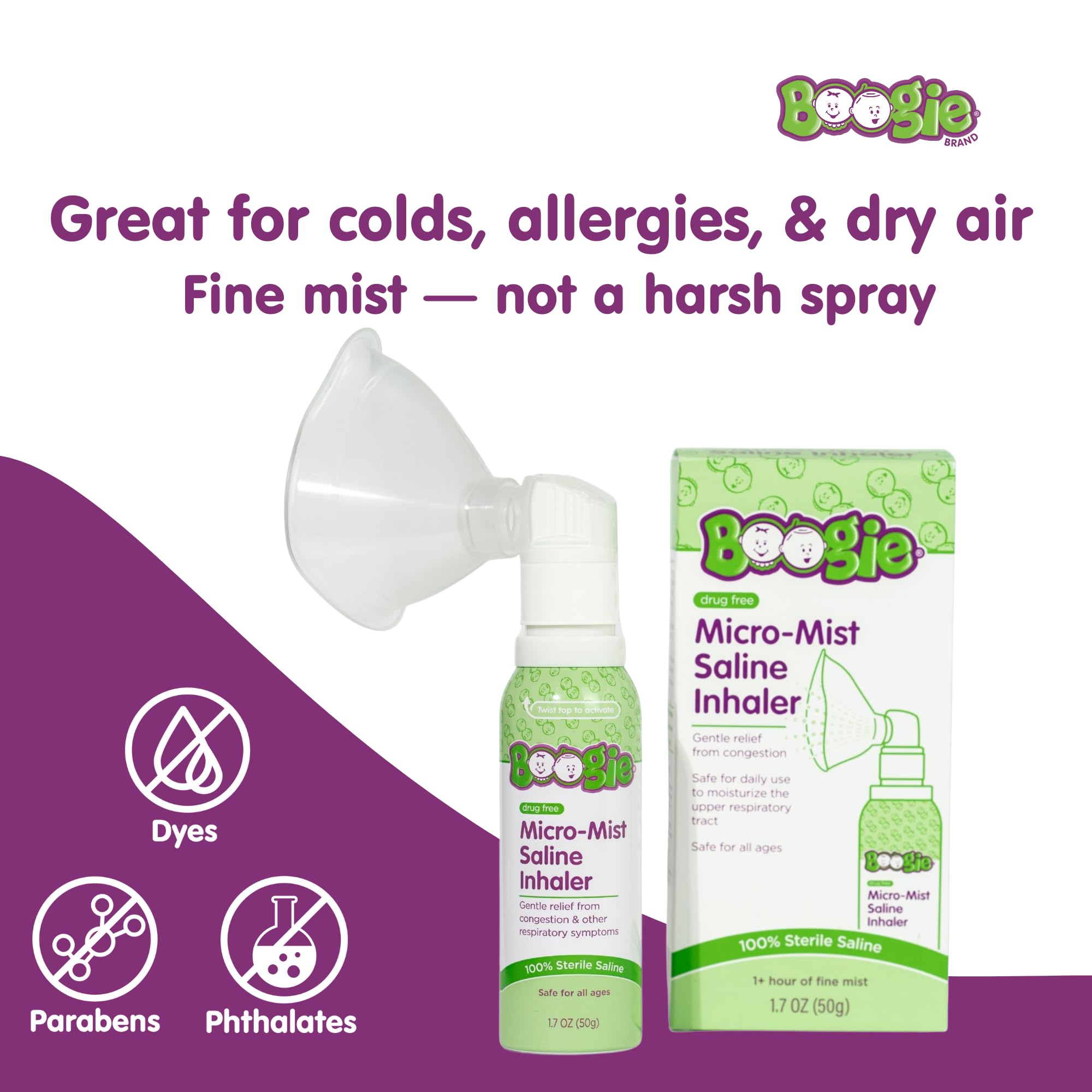 Boogie inhalador nasal Micro-Mist, con mascarilla, uso cómodo para niños.