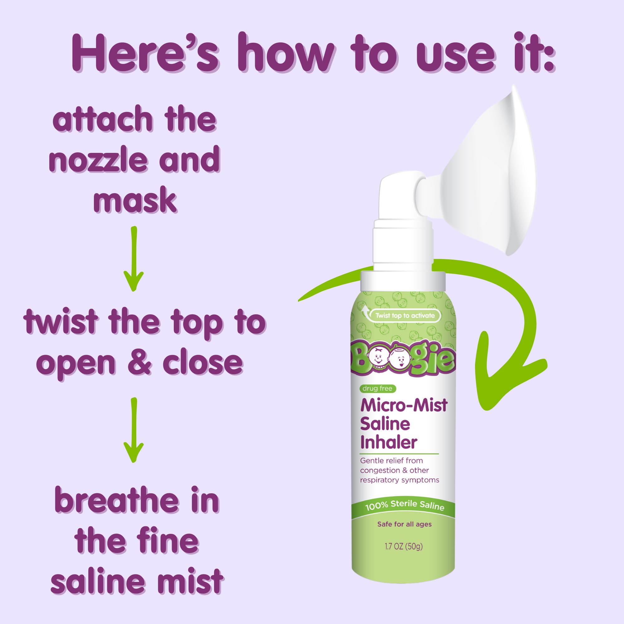 Boogie inhalador nasal Micro-Mist, empaque visible, opción conveniente para hogares.