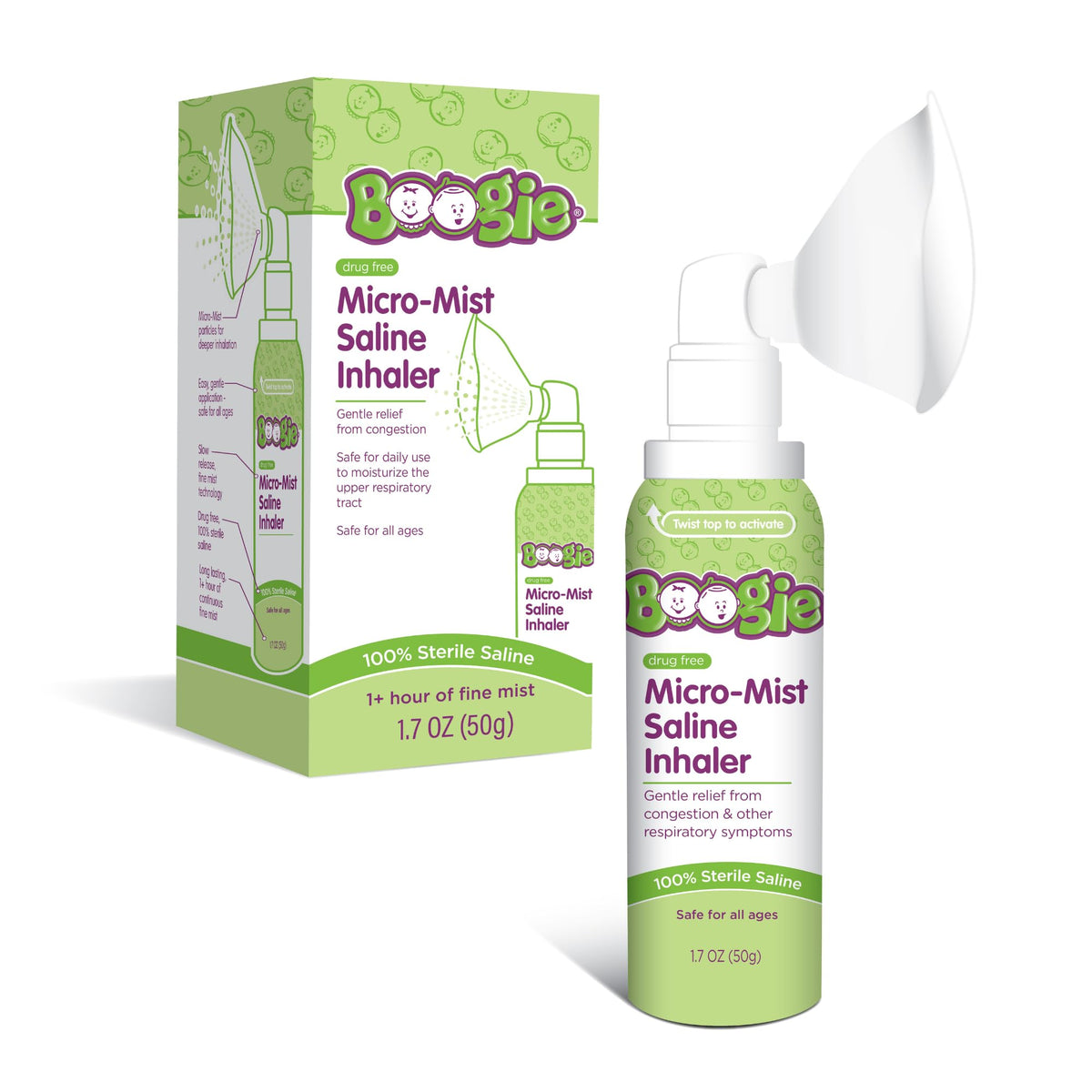 Boogie inhalador nasal Micro-Mist, vista frontal, alivio suave de congestión para niños.