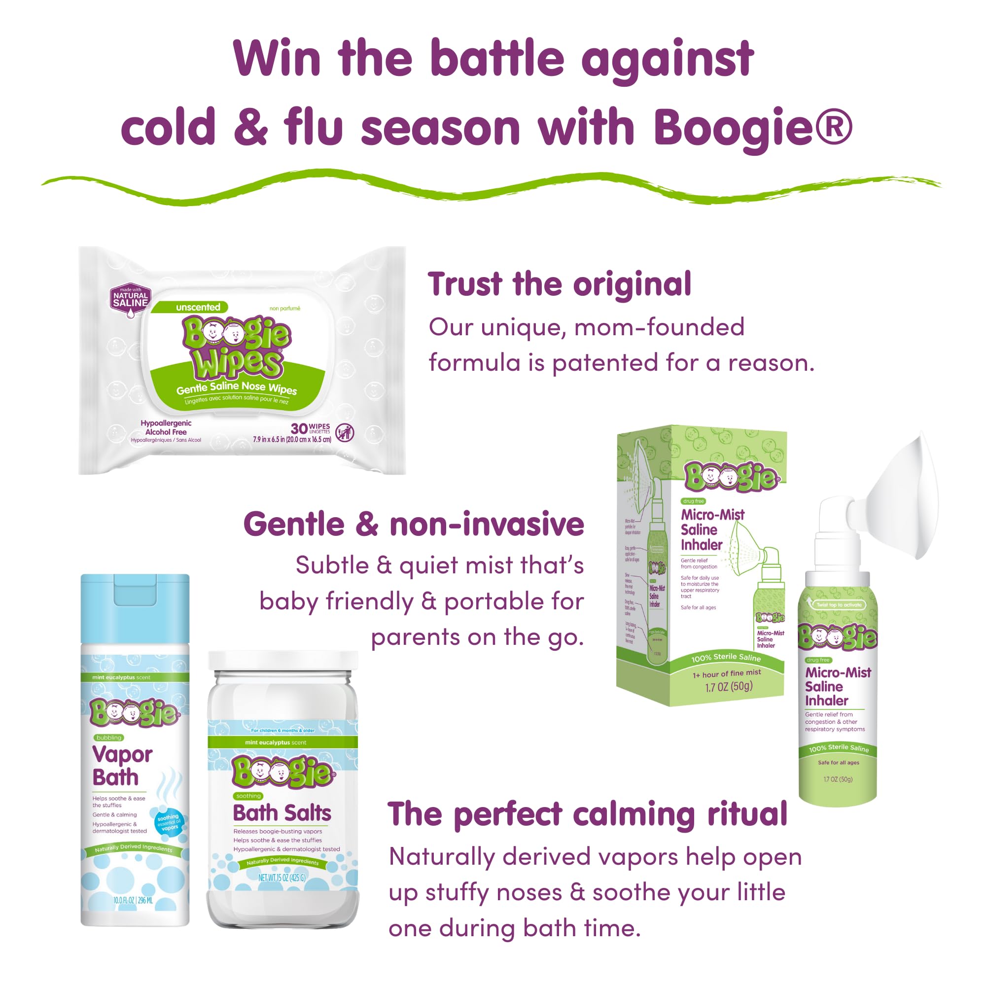 Boogie inhalador nasal Micro-Mist, niño usando, alivio suave y portátil.