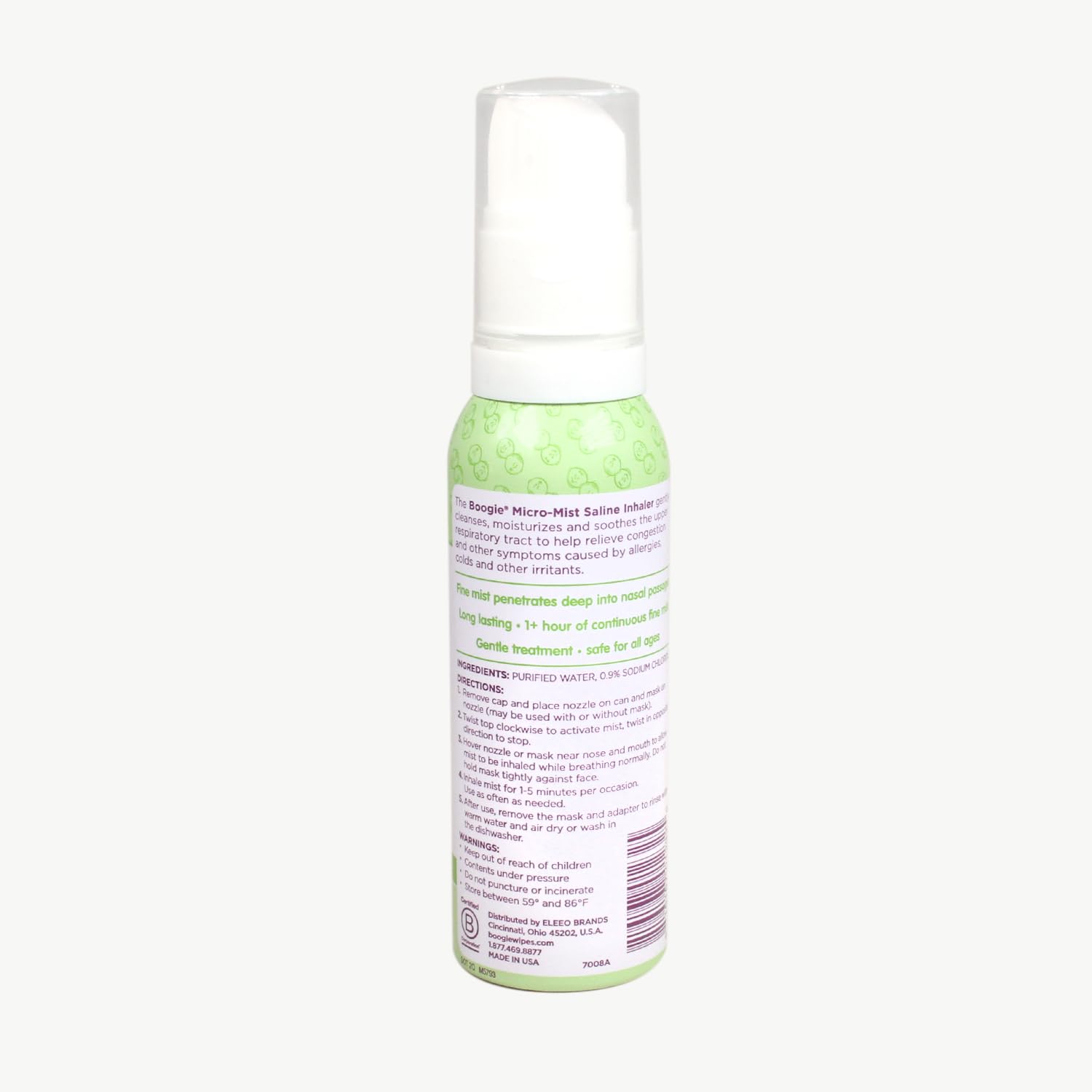Boogie Micro-Mist Inhalador Salino, caja compacta para transporte fácil.