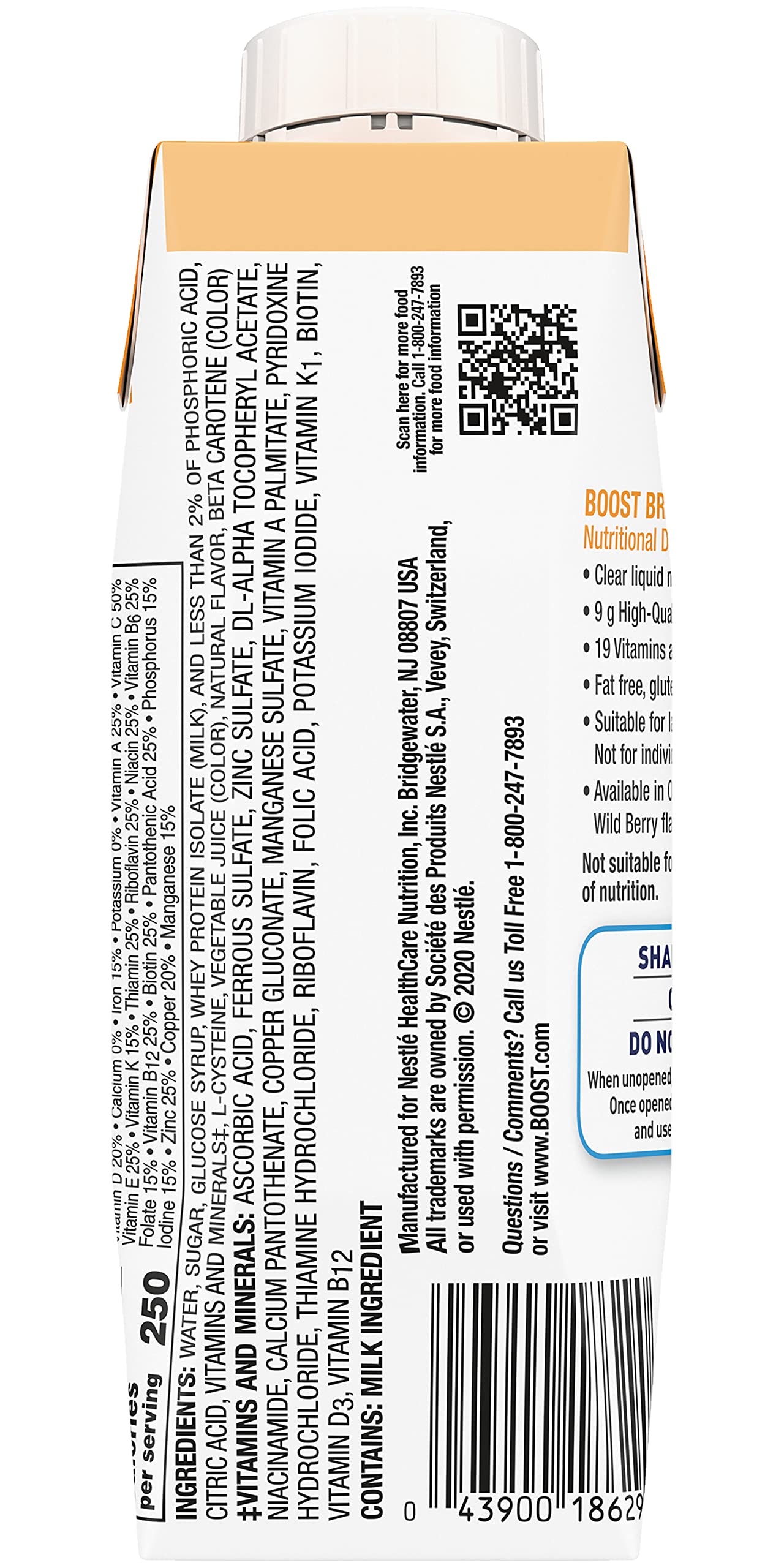 Boost Breeze naranja, etiqueta destaca proteína y vitaminas para consulta rápida.