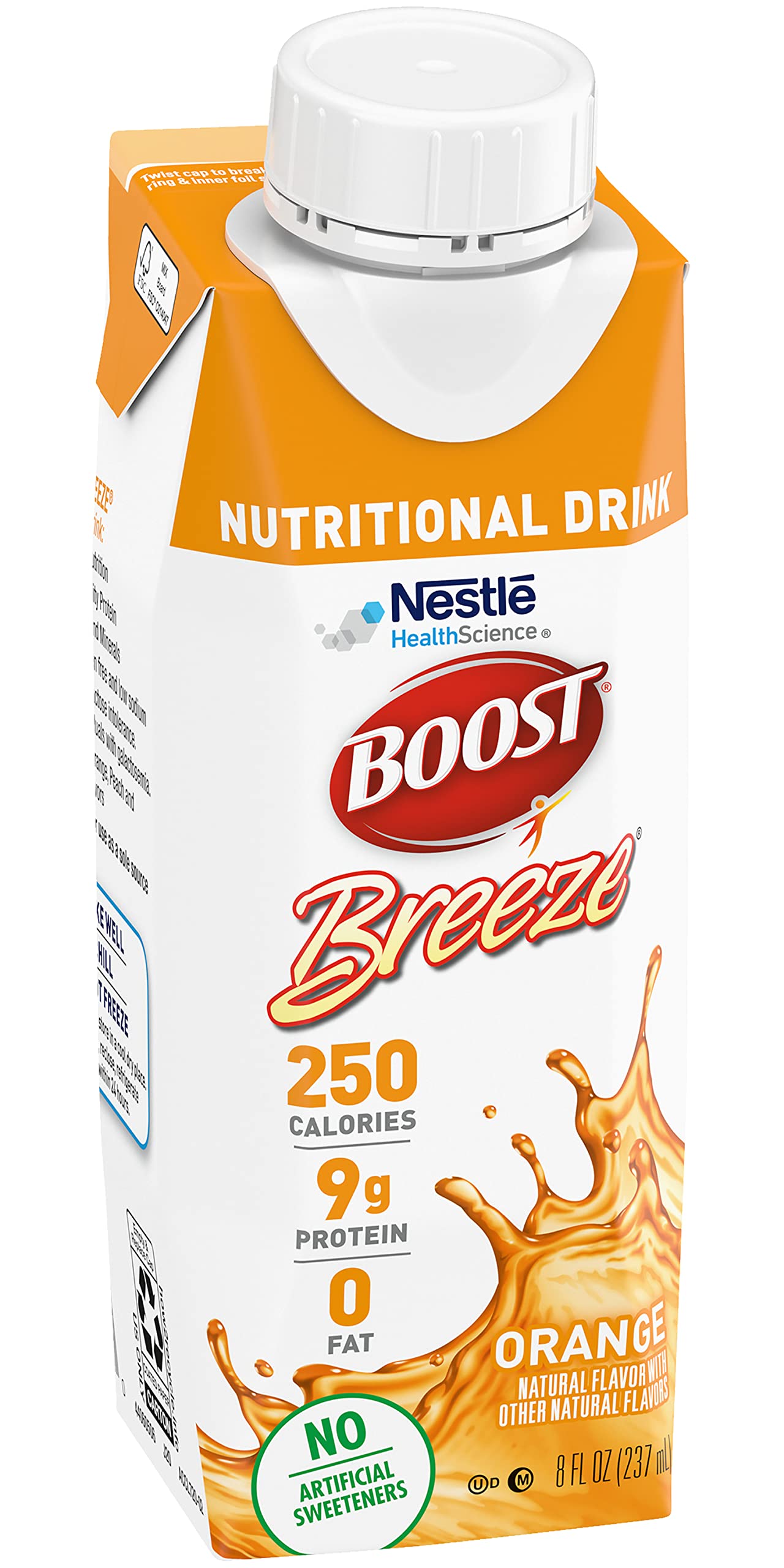 Boost Breeze naranja, ingrediente y vitaminas visibles en la etiqueta.