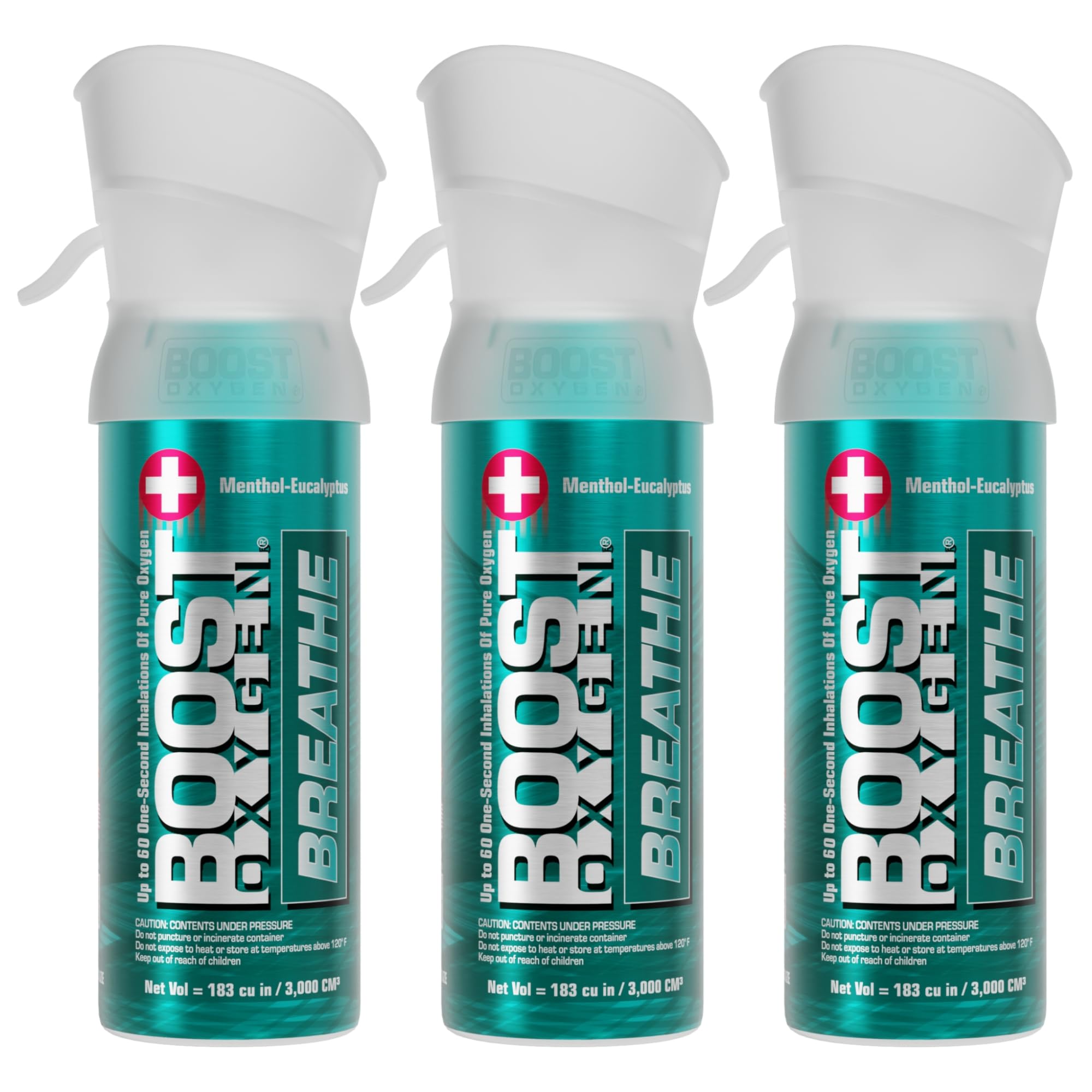 Boost Oxygen Breathe en lata de 3L con aroma mentol-eucalipto para respiración rápida.