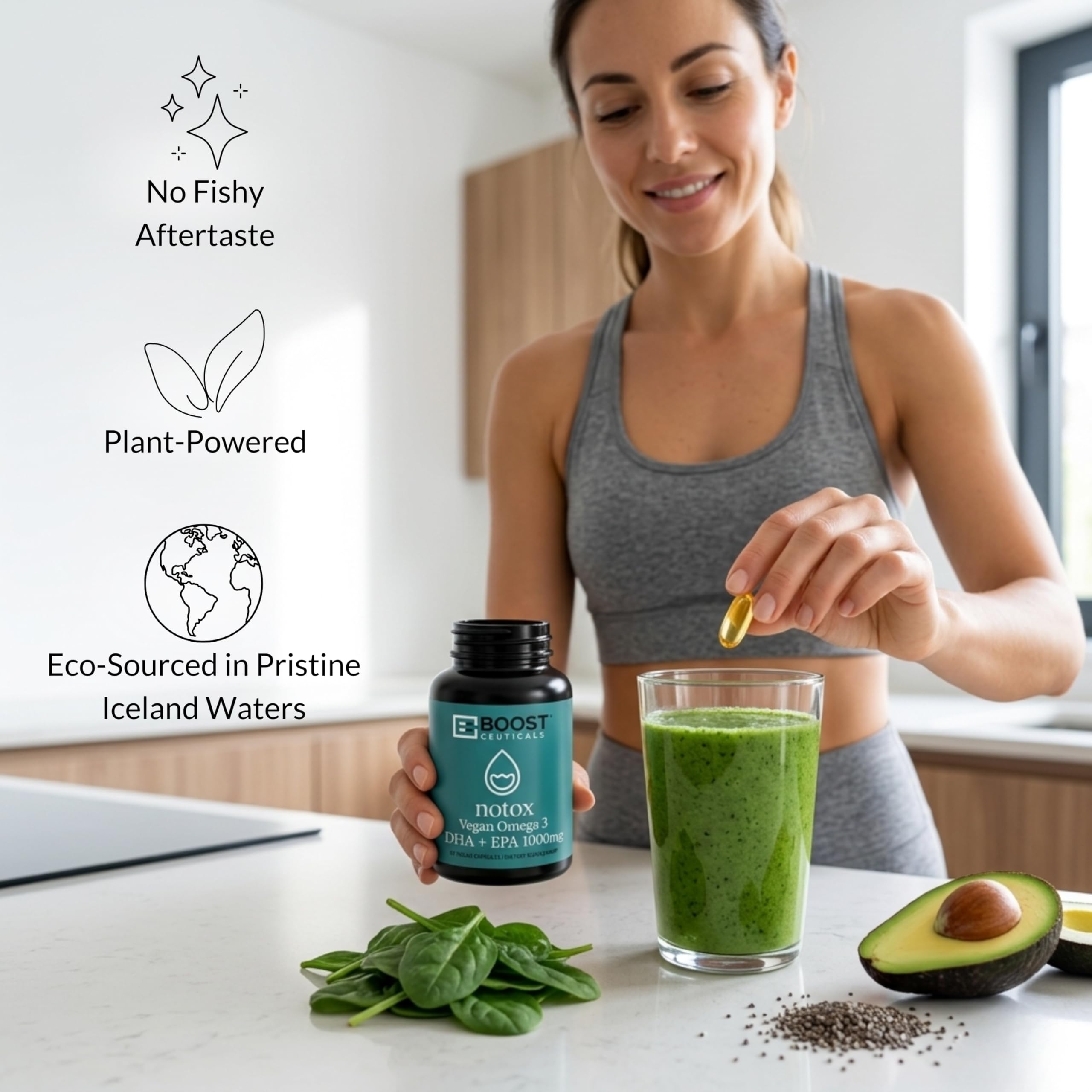Botella de BoostCeuticals con DHA/EPA de algas para consumo diario.