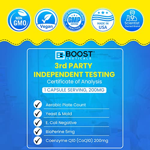 BoostCeuticals CoQ10 200 mg cápsulas, trasera: etiqueta clara para confianza.