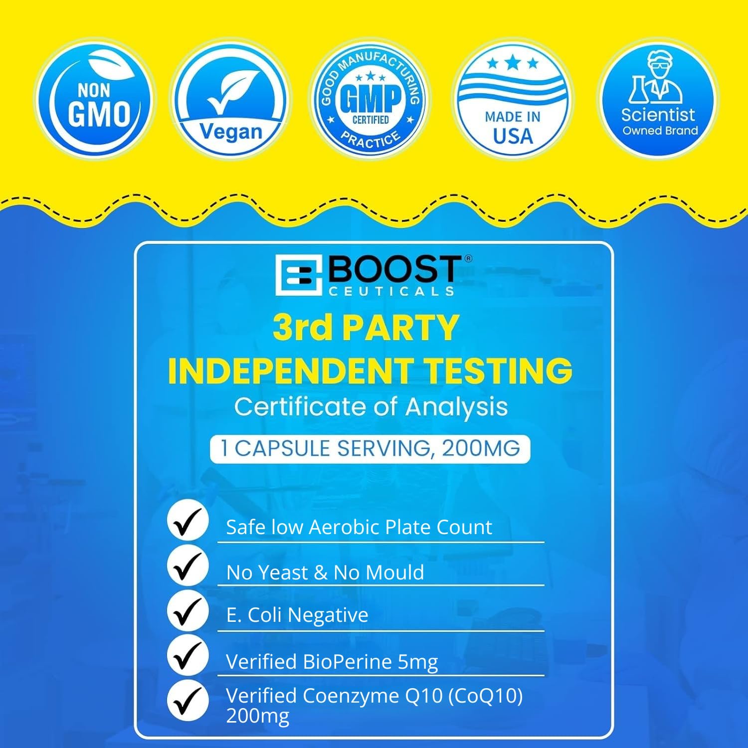 Bote de BoostCeuticals CoQ10 sobre la mesa: formato compacto para diario.