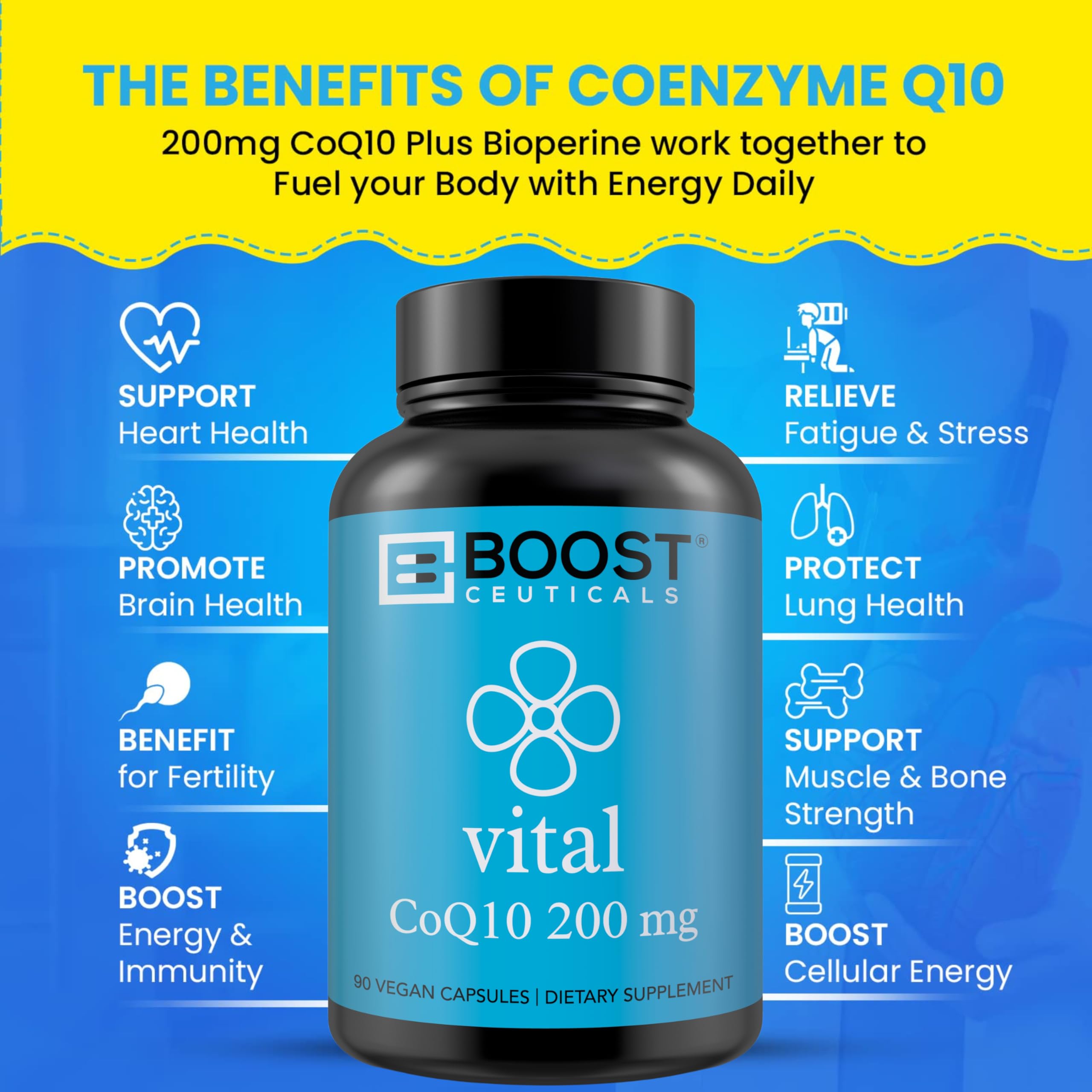 Cápsulas BoostCeuticals CoQ10 en mano: toma fácil con comida.