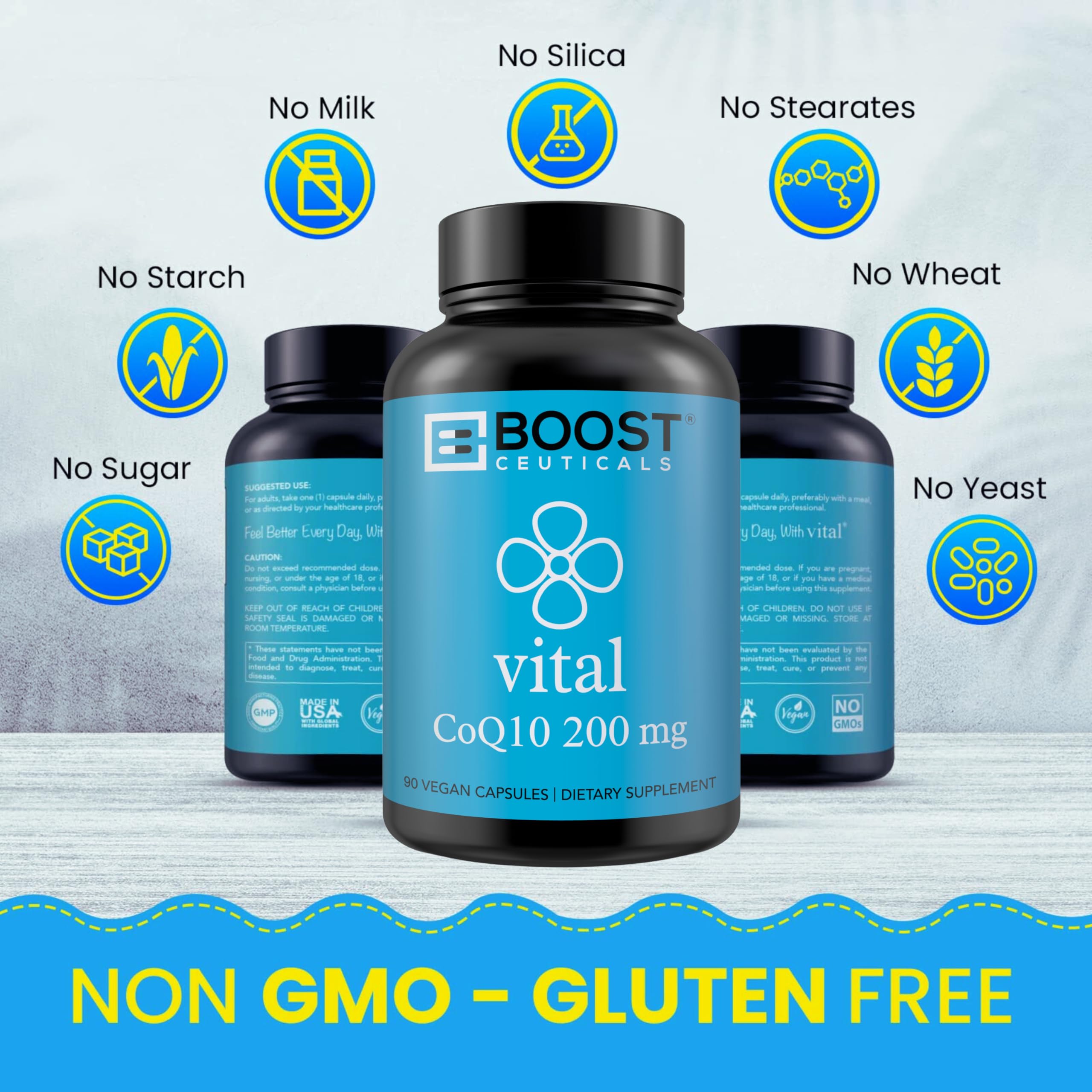 Presentación vegana BoostCeuticals CoQ10: cápsulas suaves para energía sostenida.