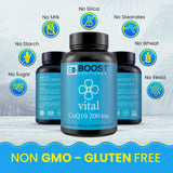 Presentación vegana BoostCeuticals CoQ10: cápsulas suaves para energía sostenida.