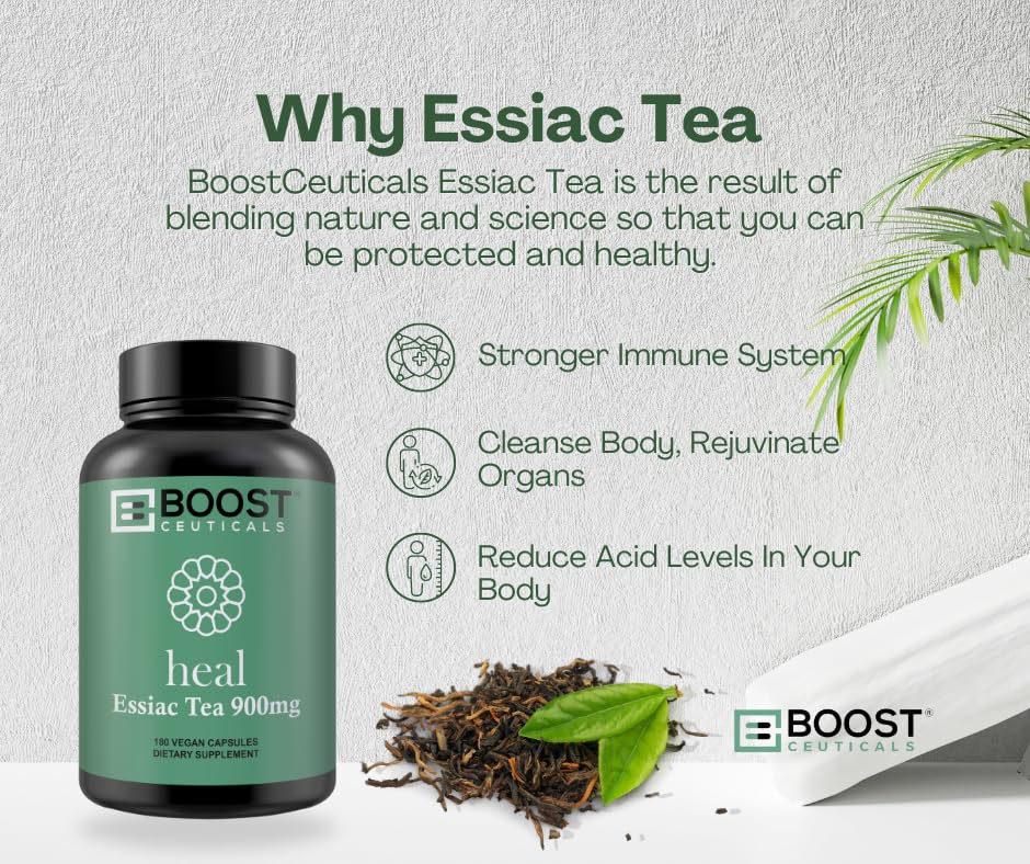 BoostCeuticals Essiac Cápsulas, caja de información, claridad sobre calidad y origen.