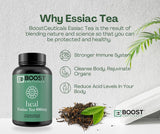 BoostCeuticals Essiac Cápsulas, caja de información, claridad sobre calidad y origen.