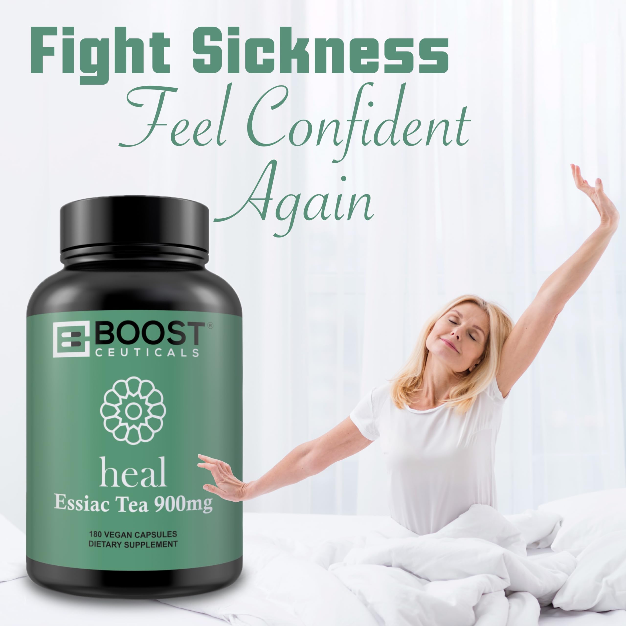 BoostCeuticals Essiac Cápsulas, embalaje, información de pruebas GMP y pureza.