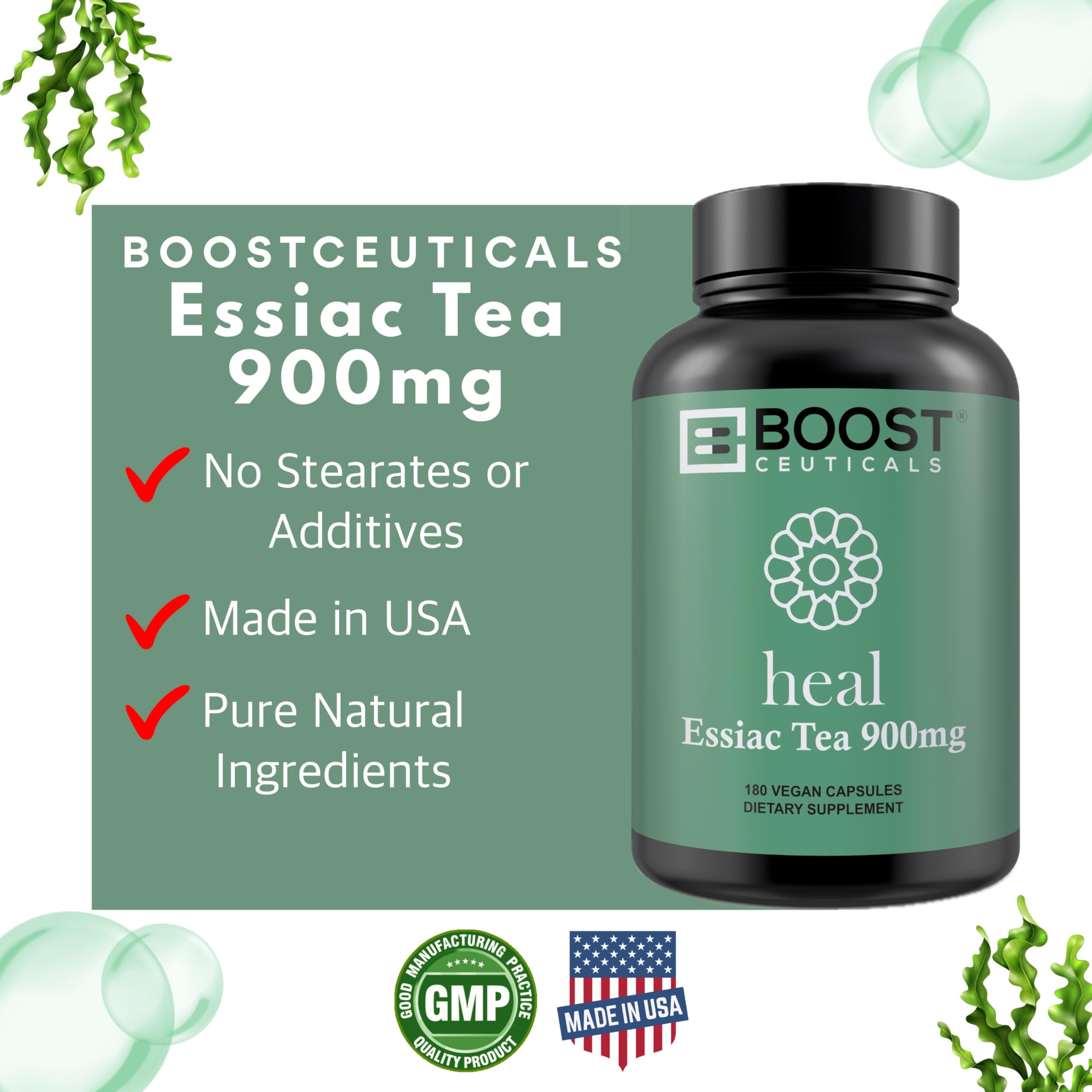 BoostCeuticals Essiac Cápsulas, etiqueta frontal, fácil toma diaria.