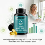 Etiqueta de BoostCeuticals DHA/EPA de algas destacando su origen vegetal.