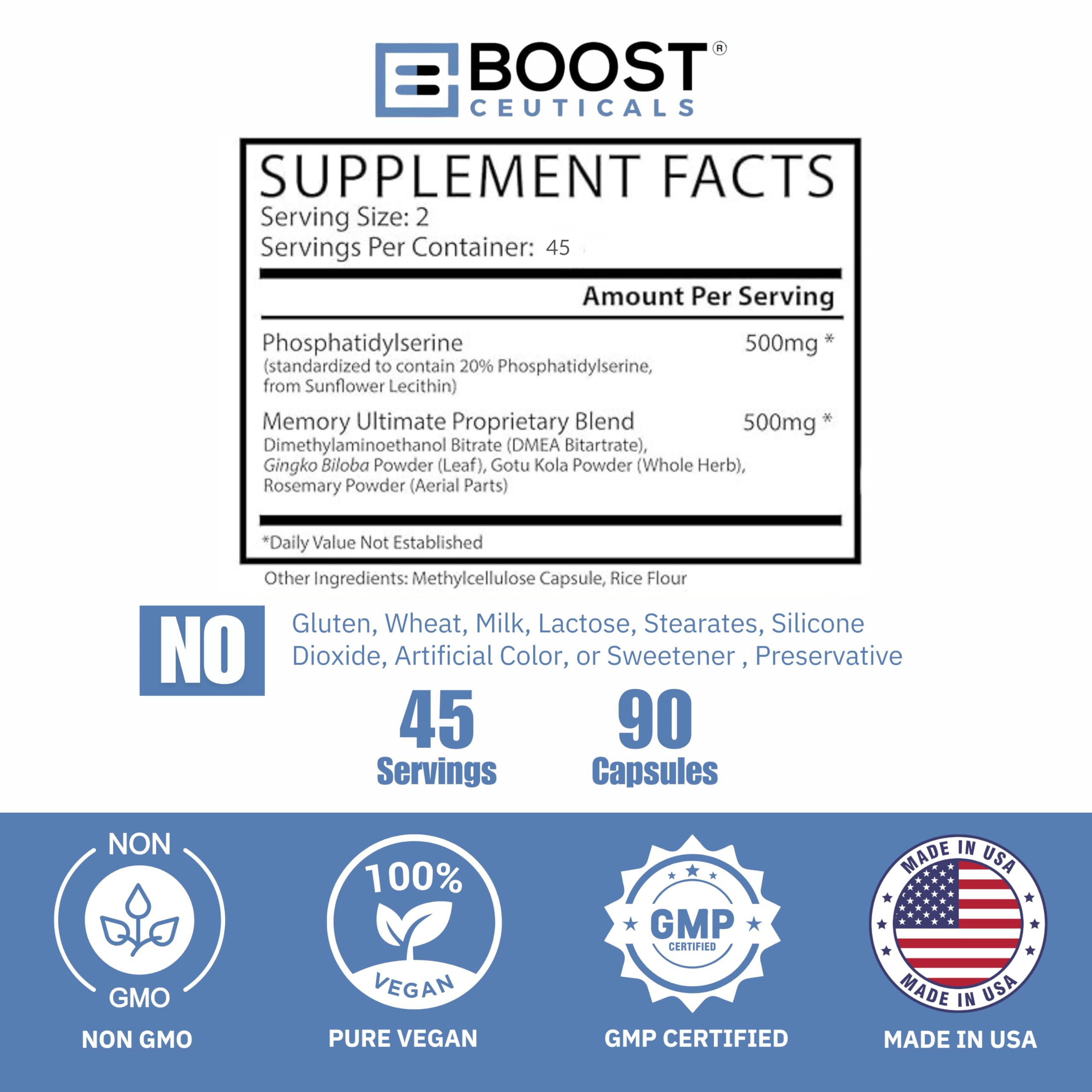 Etiqueta del producto BoostCeuticals Fosfatidilserina 100 mg con dosis recomendada