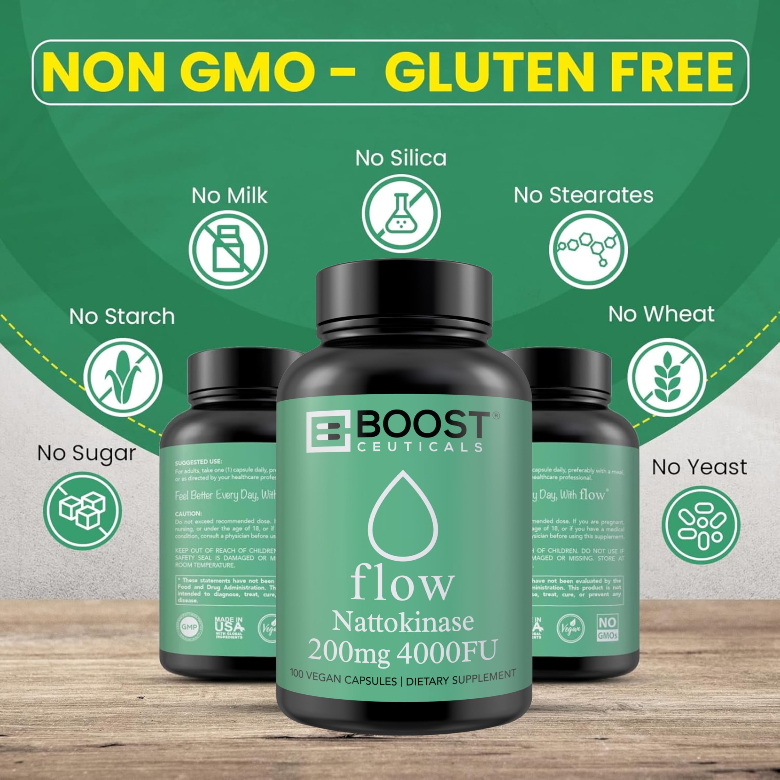 BoostCeuticals Nattokinase en mesa, estilo de vida saludable y tranquilidad.