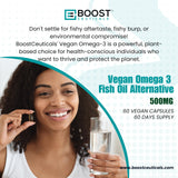 Etiqueta clara de BoostCeuticals Omega de algas, mostrando calidad y certificaciones
