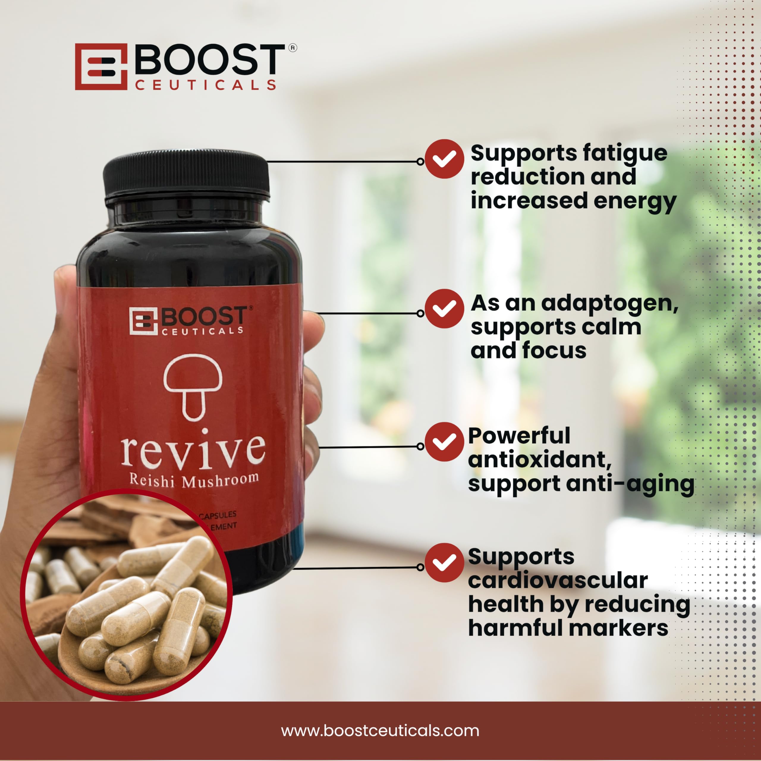 BoostCeuticals Reishi botella sobre mesa, apariencia confiable.
