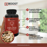 BoostCeuticals Reishi botella sobre mesa, apariencia confiable.