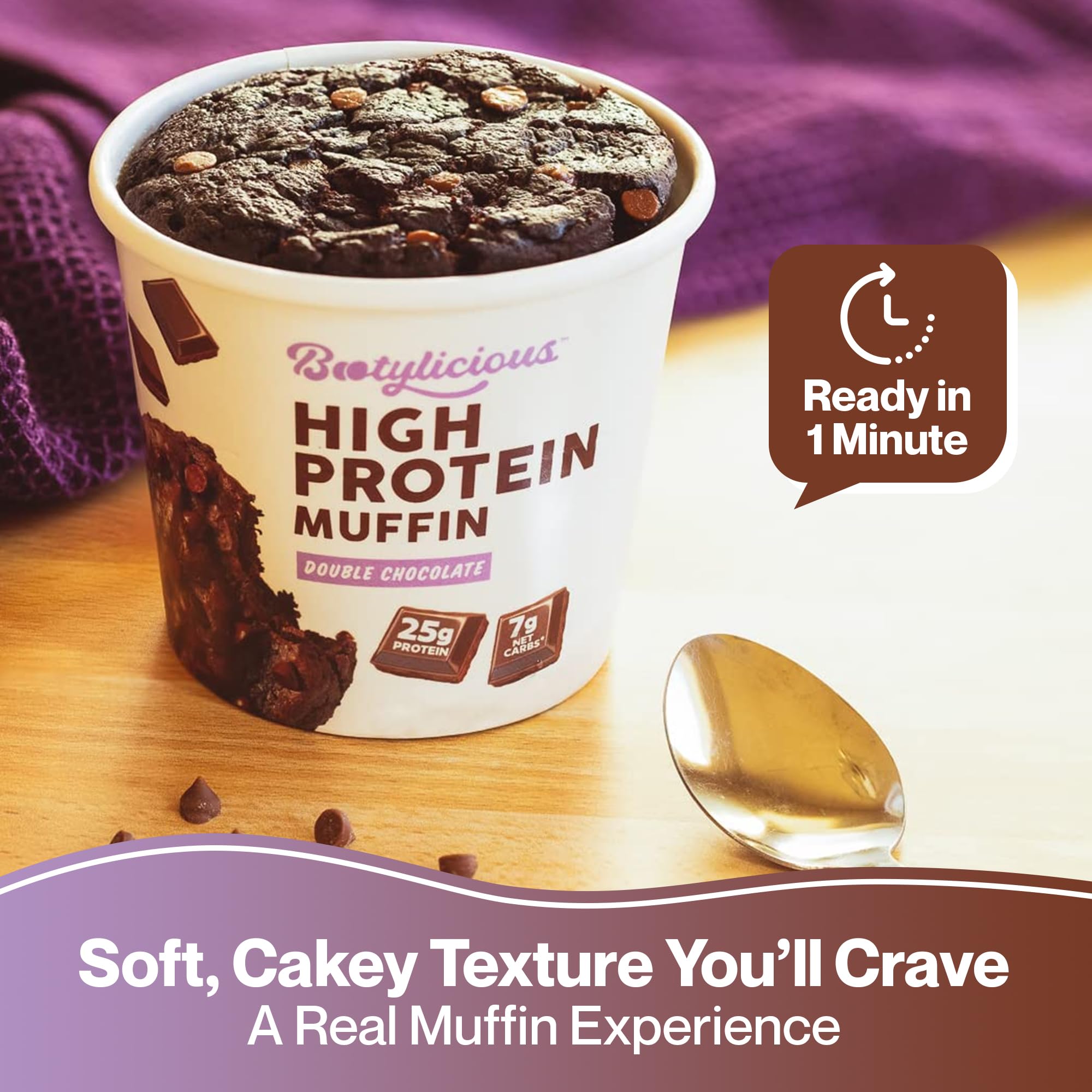 Bootylicious muffin etiqueta nutricional destaca 25 g de proteína por porción.