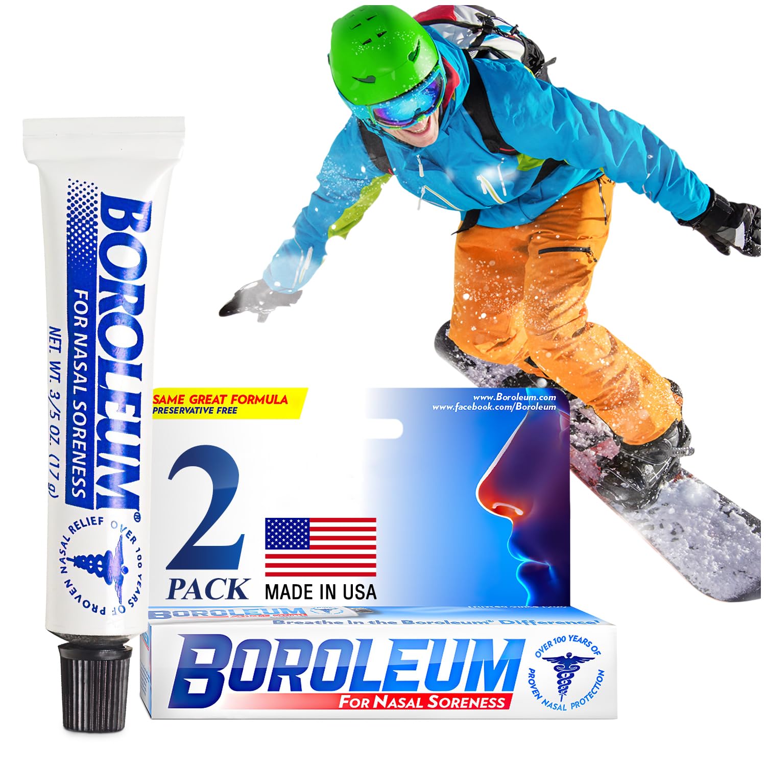 Boroleum tubo nasal, empaque compacto para uso diario.
