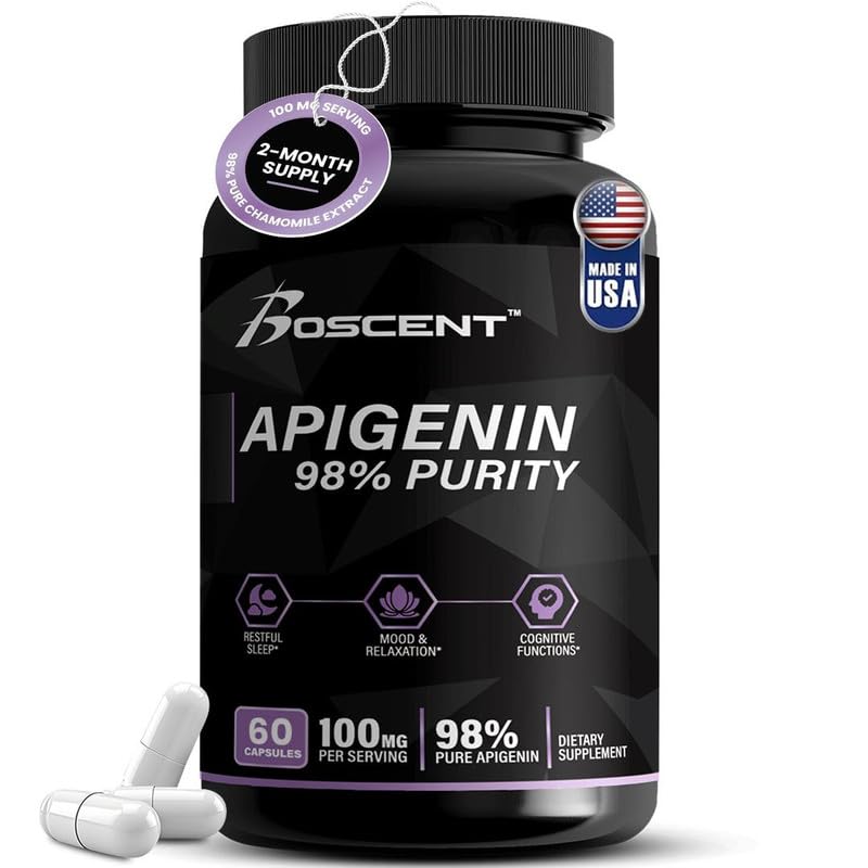 BOSCENT Apigenin 100 mg cápsulas – botella visible para relajación nocturna.