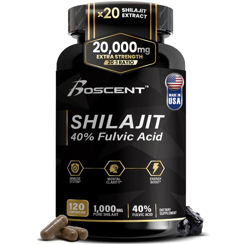 Boscent Shilajit cápsulas en botella oscura para conservar pureza y frescura