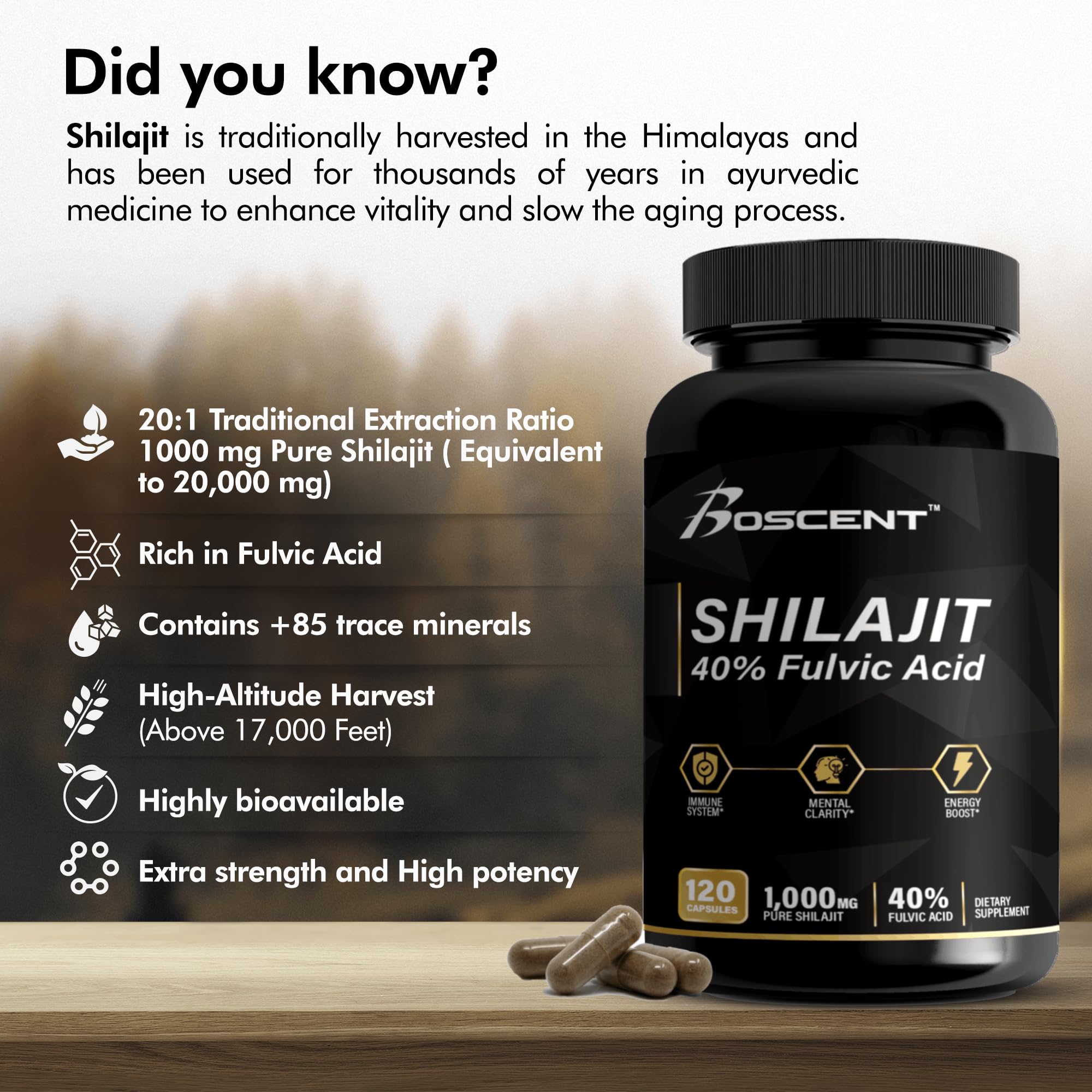 Boscent Shilajit cápsulas detalle de etiqueta y sello