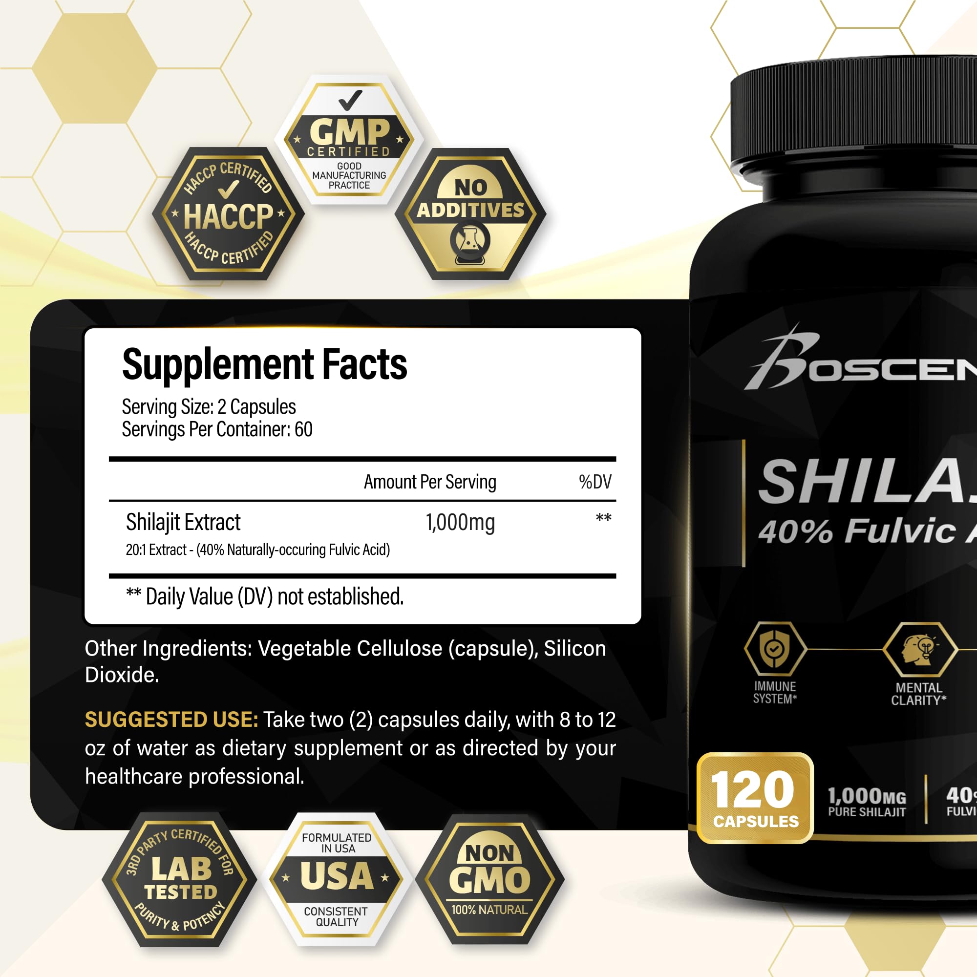 Boscent Shilajit cápsulas con etiqueta detallada que destaca ácido fúlvico