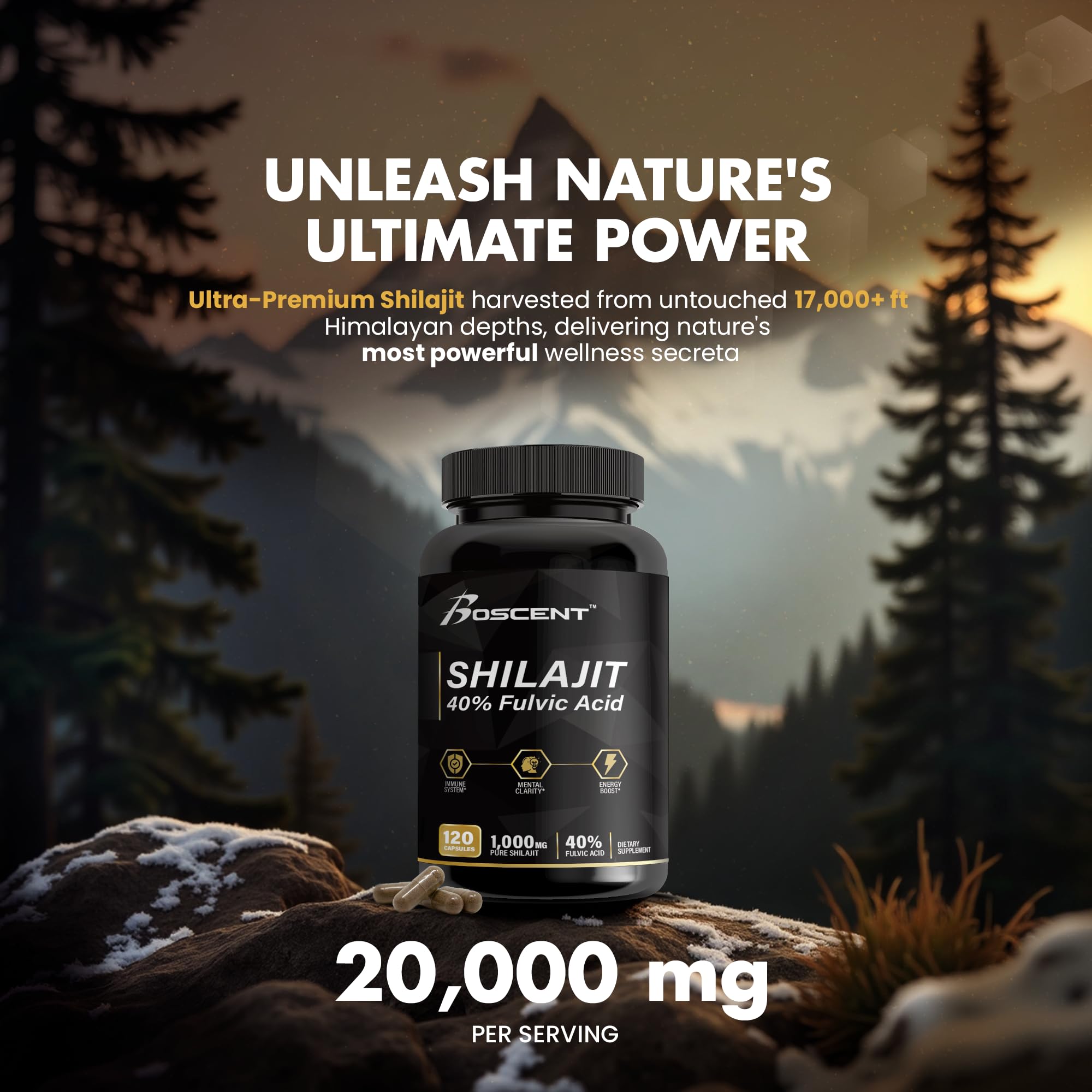 Boscent Shilajit cápsulas en manos, enfatizando tamaño de 20,000 mg