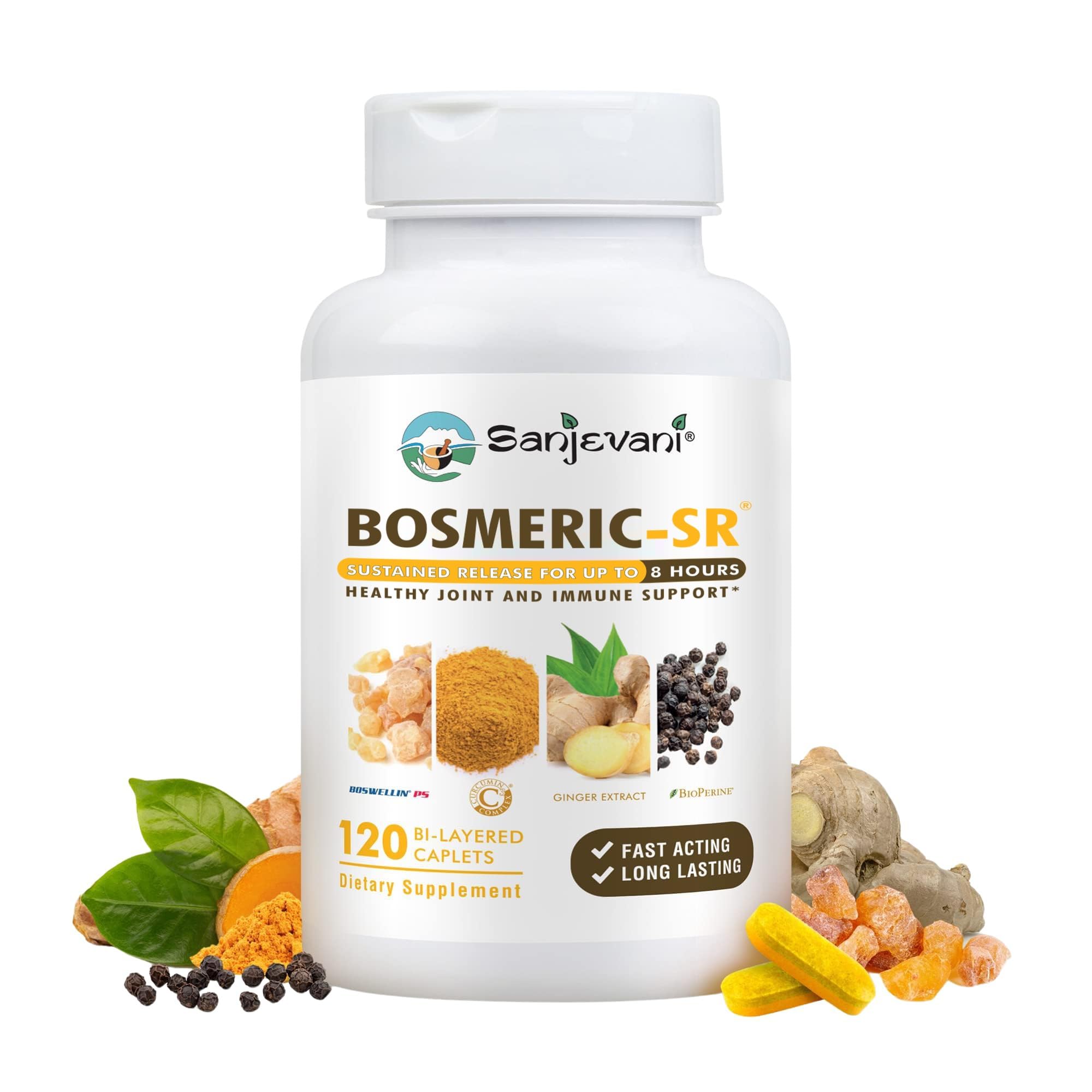 Bosmeric SR: botella de cápsulas para uso diario y soporte articular.