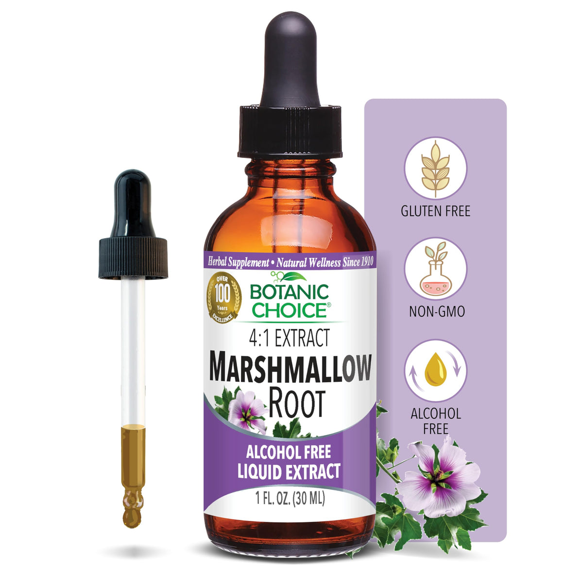Botanic Choice extracto líquido de malvavisco, frasco para apoyo tradicional de garganta.