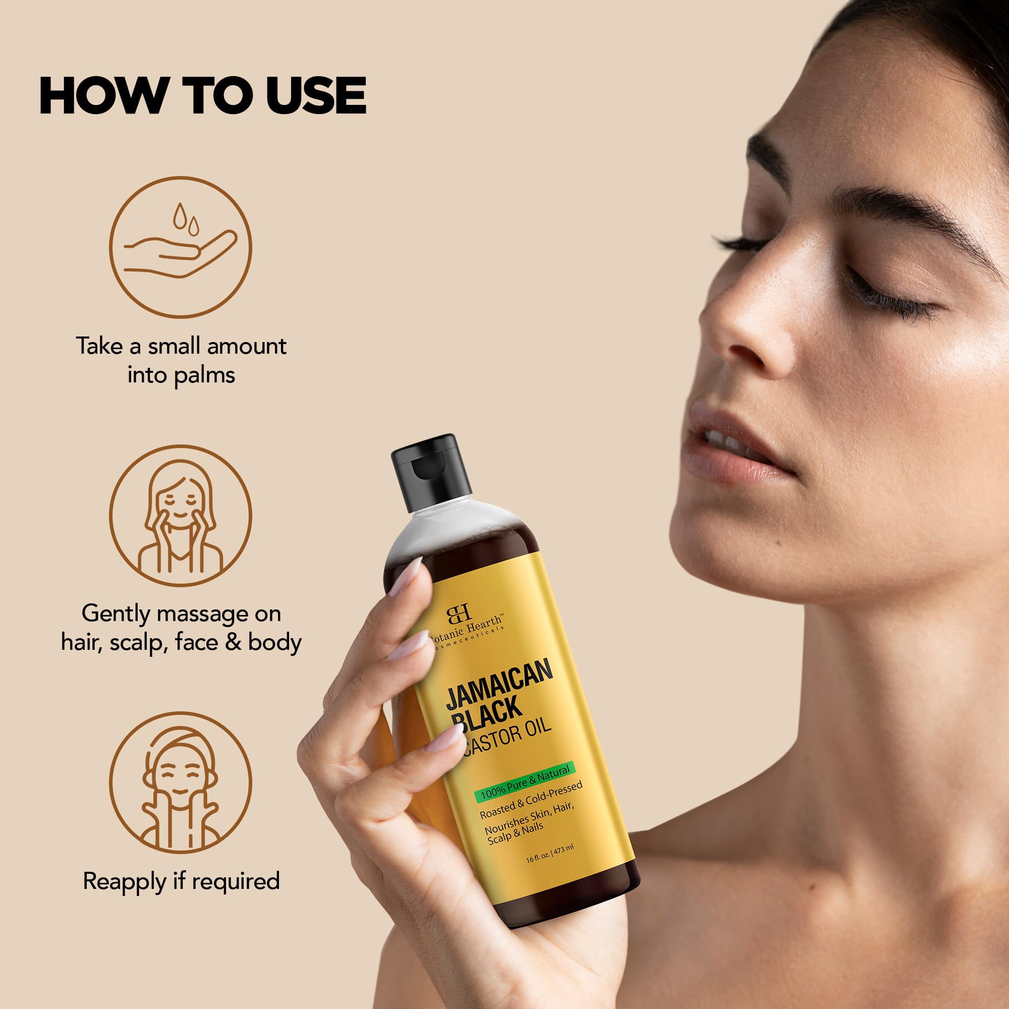 Botanic Hearth aceite jamaicano negro para piel, hidratación suave y cuidado diario.