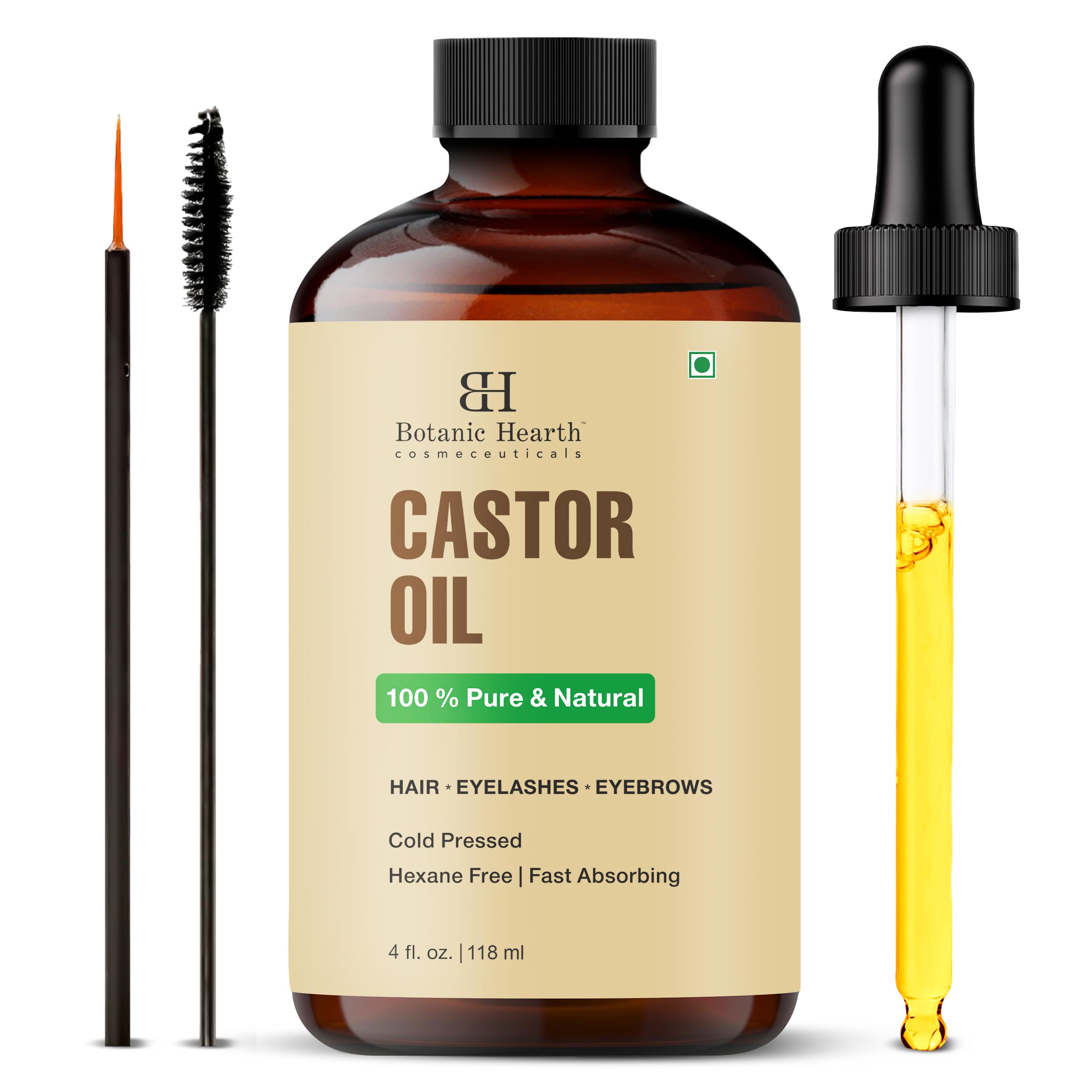Botanic Hearth aceite de ricino en frasco de vidrio para hidratación capilar.