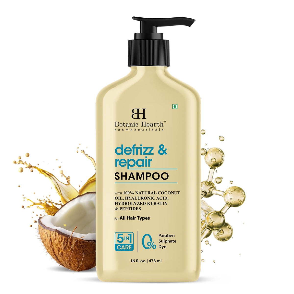 Botanic Hearth champú con aceite de coco en botella, hidrata suavemente el cabello.