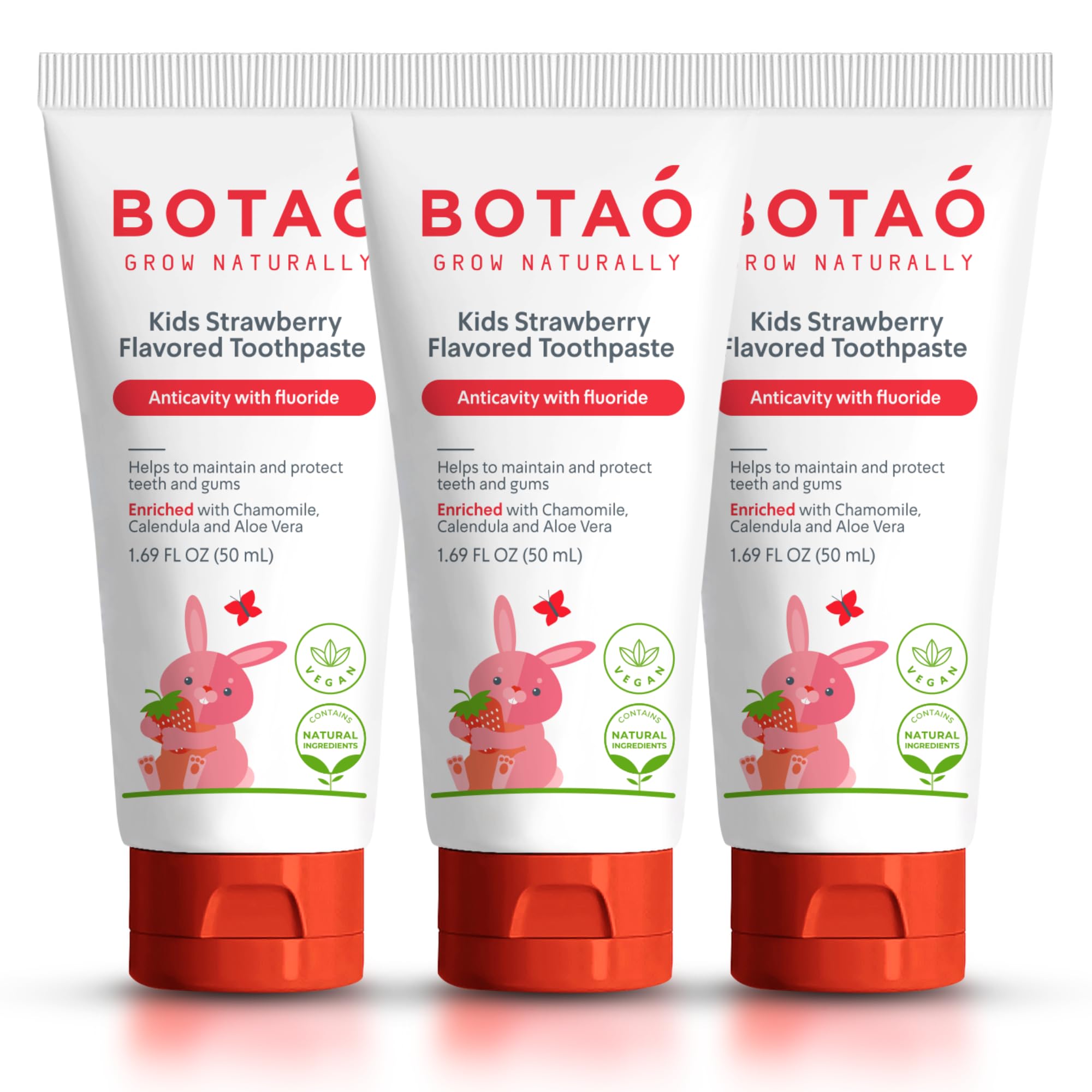 Pasta de dientes BOTAO para niños, sabor fresa natural, uso diario seguro.