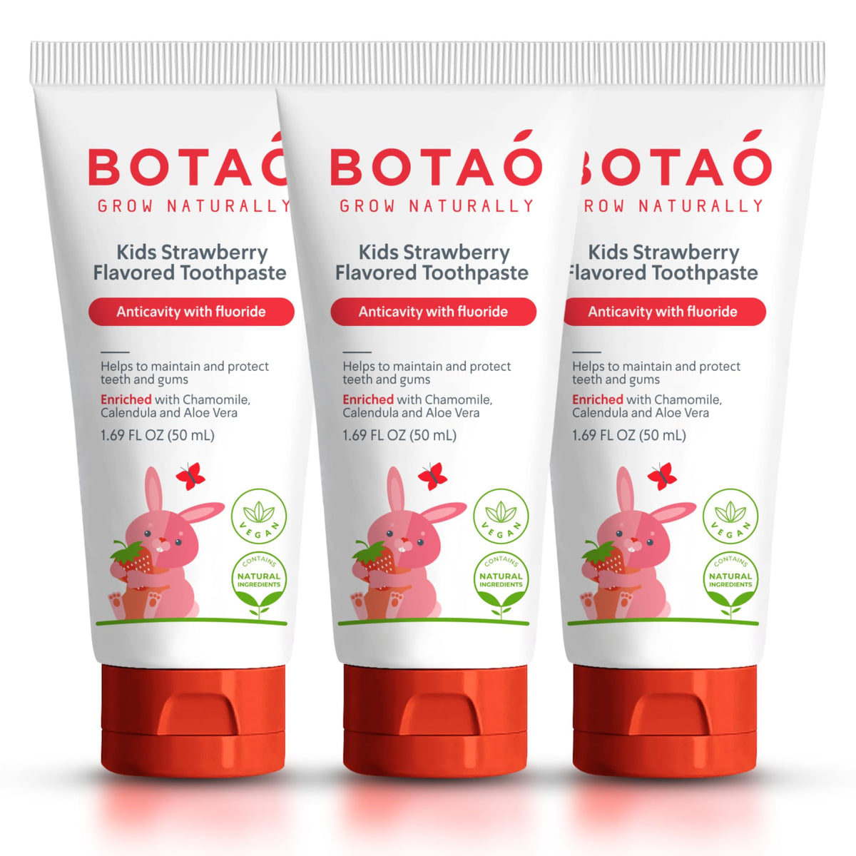 Pasta de dientes BOTAO para niños, sabor fresa natural, uso diario seguro.