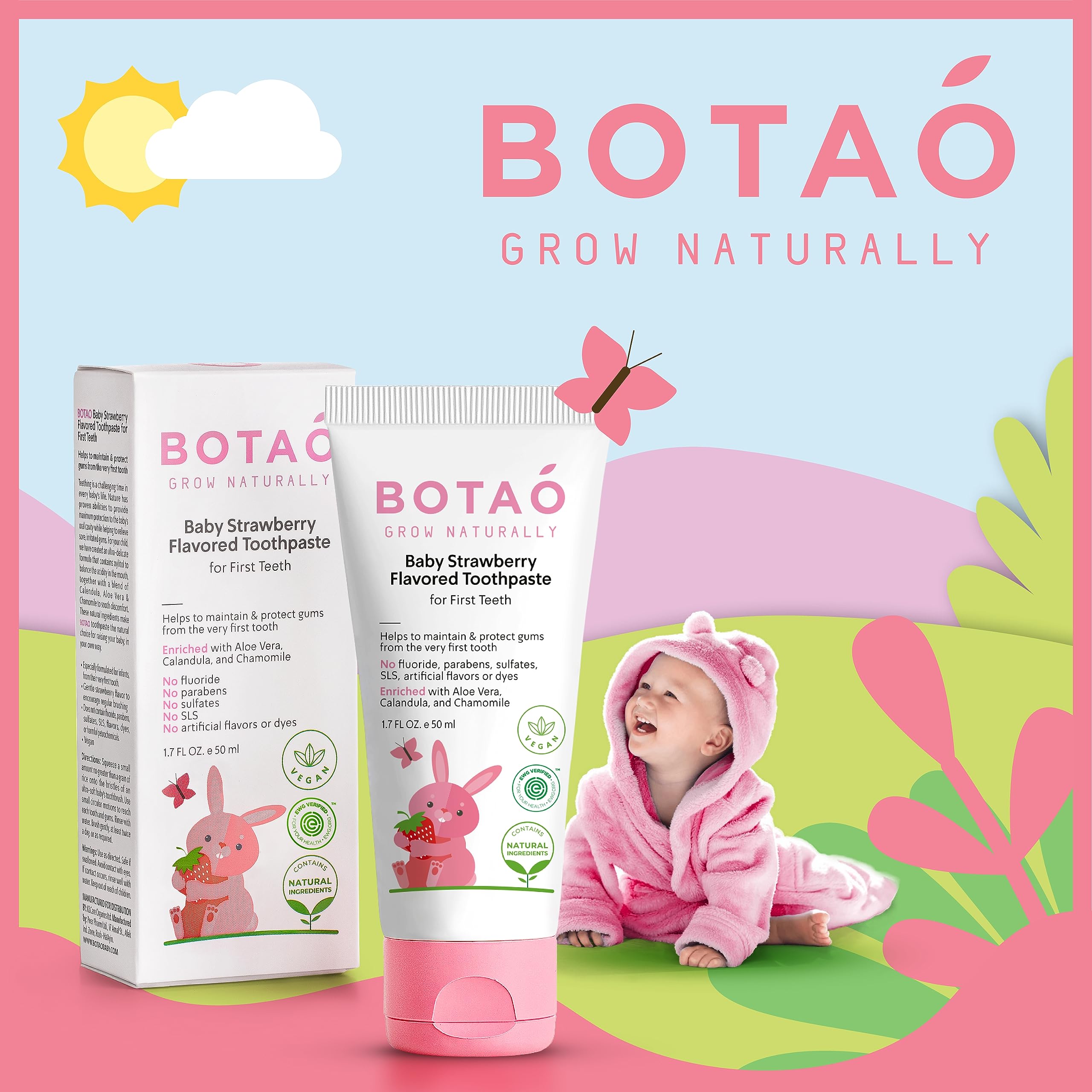 BOTAO pasta dental bebé en empaque; sabor fresa y fácil acceso