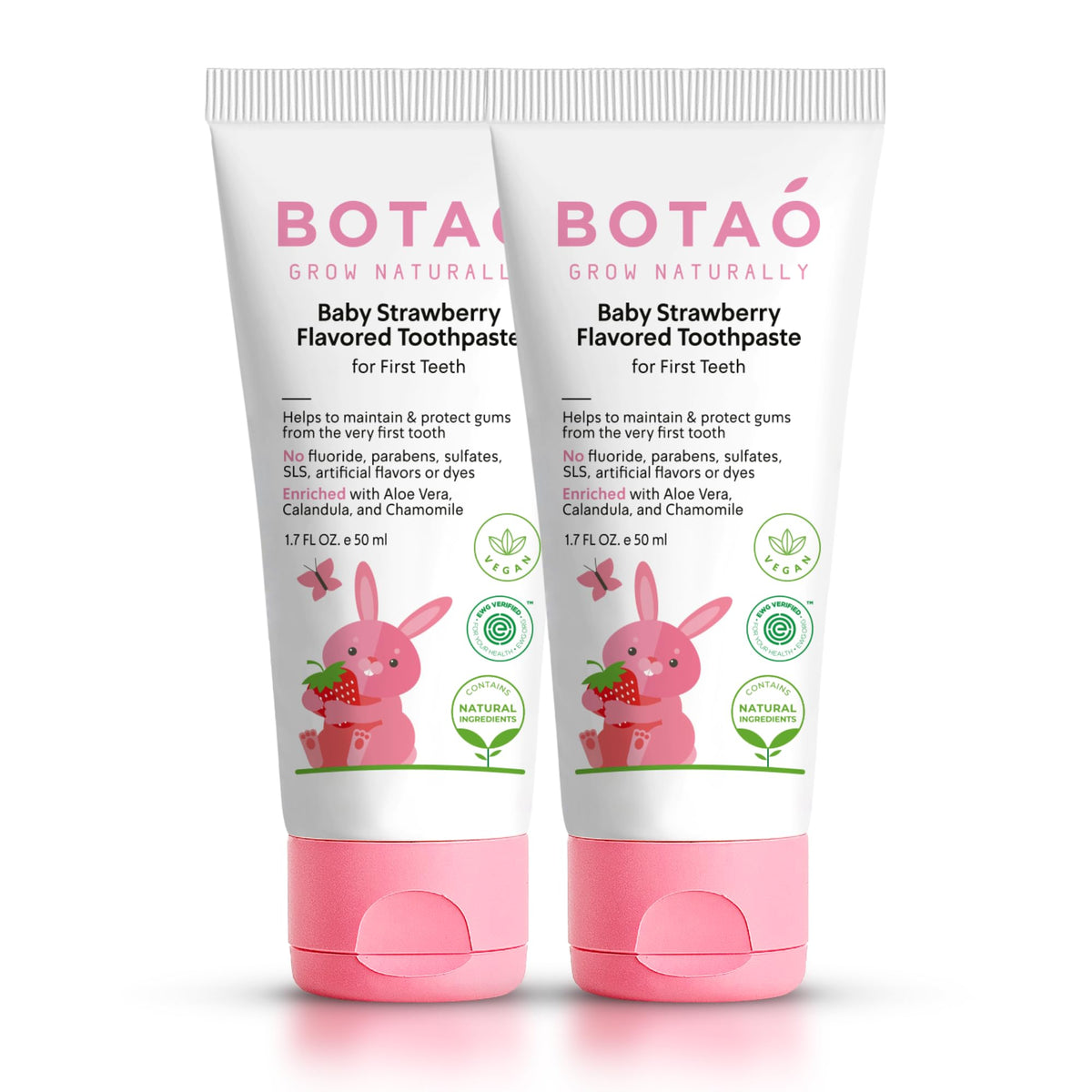 BOTAO pasta para niños sin fluoruro, frente del tubo, sabor fresa para entrenamiento del cepillado.