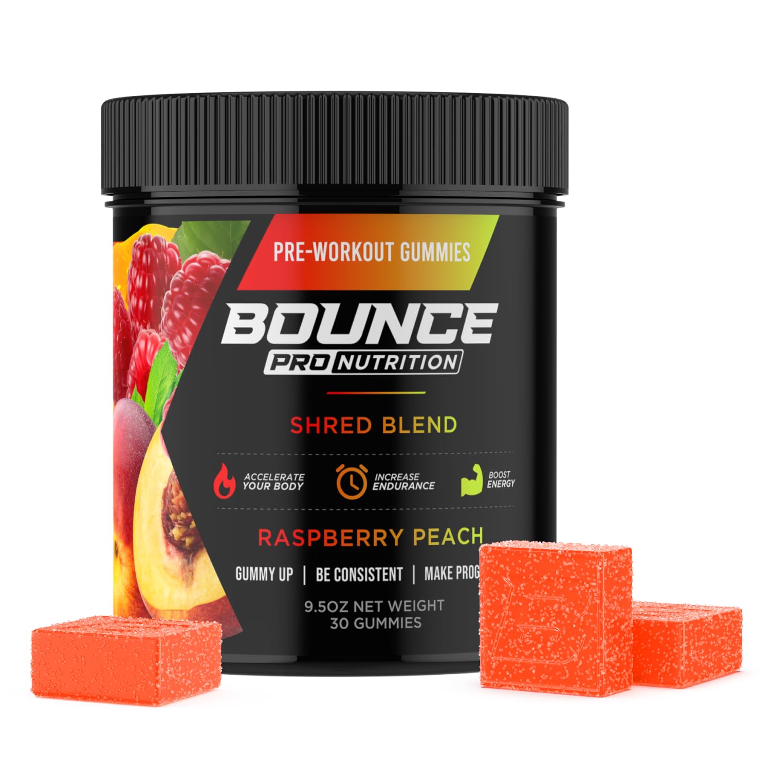 Bounce Pro Shred Blend Frambuesa-Durazno gominolas, sabor para entrenar con energía.