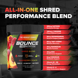 Bounce Pro Shred Blend sabor frambuesa-durazno para ritual preentrenamiento agradable.