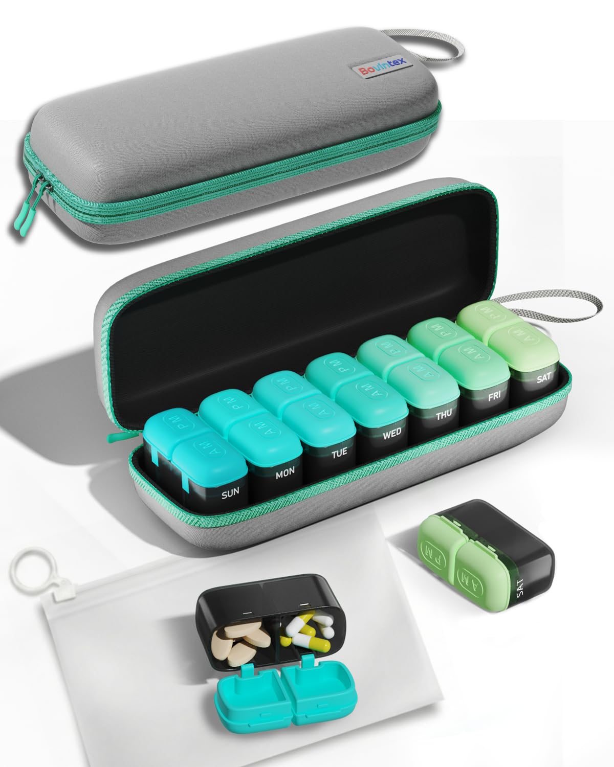 Bovintex Organizador semanal de pastillas con compartimentos AM/PM para viajar