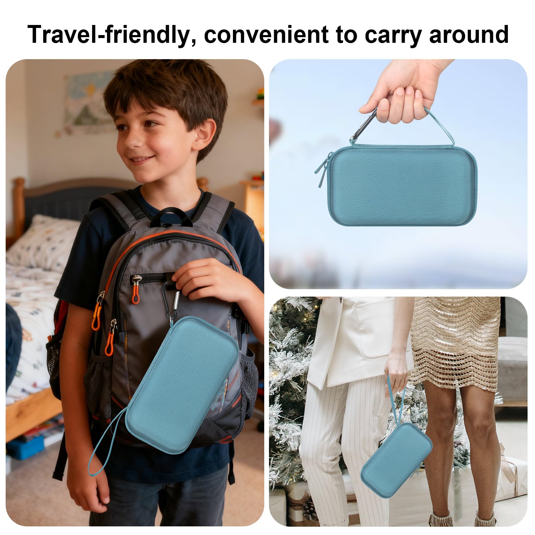 Diseño portátil con asa y mosquetón para llevarlo a cualquier lugar.